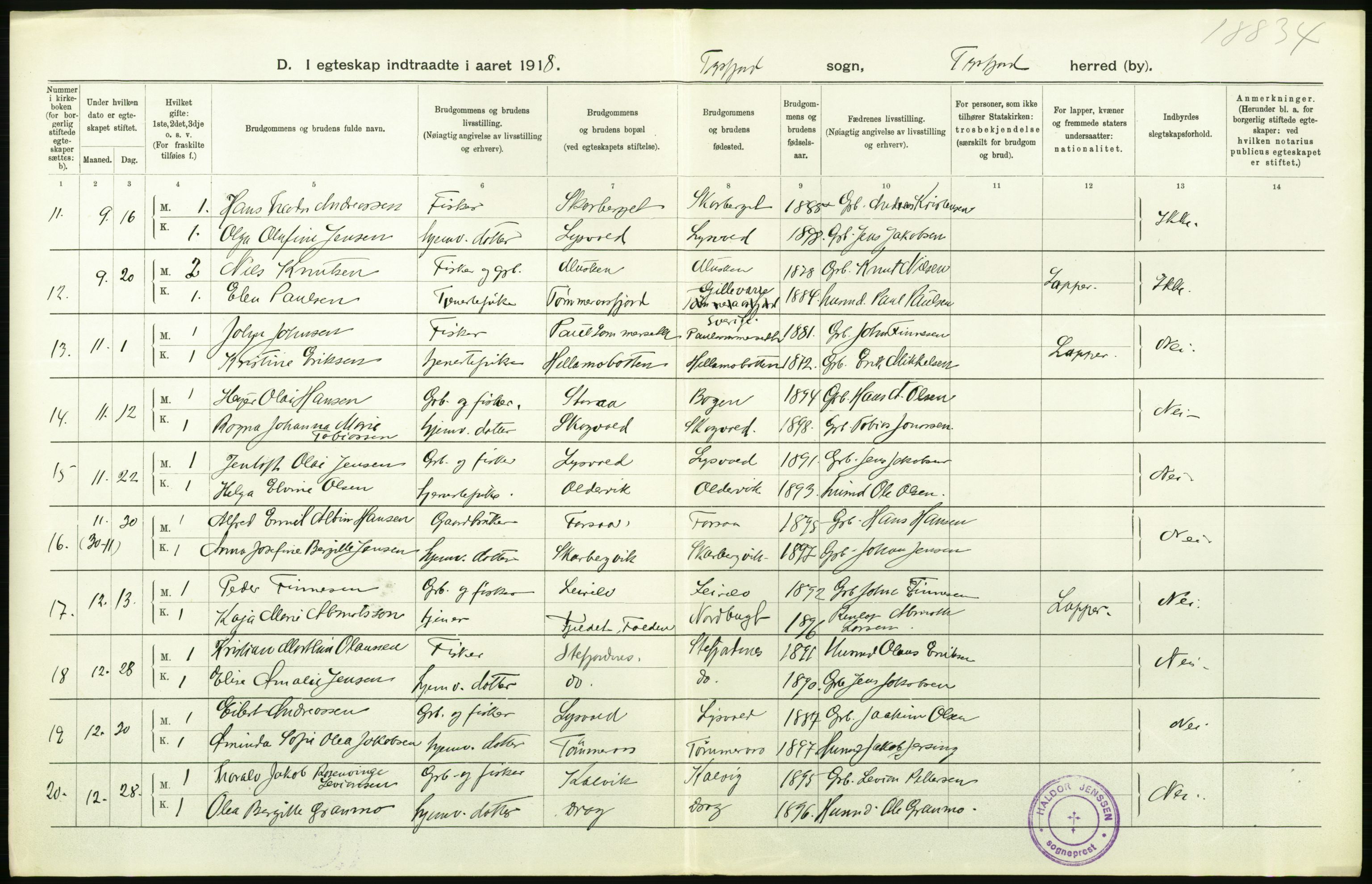 Statistisk sentralbyrå, Sosiodemografiske emner, Befolkning, AV/RA-S-2228/D/Df/Dfb/Dfbh/L0054: Nordland fylke: Gifte, dødfødte. Bygder og byer., 1918, p. 190