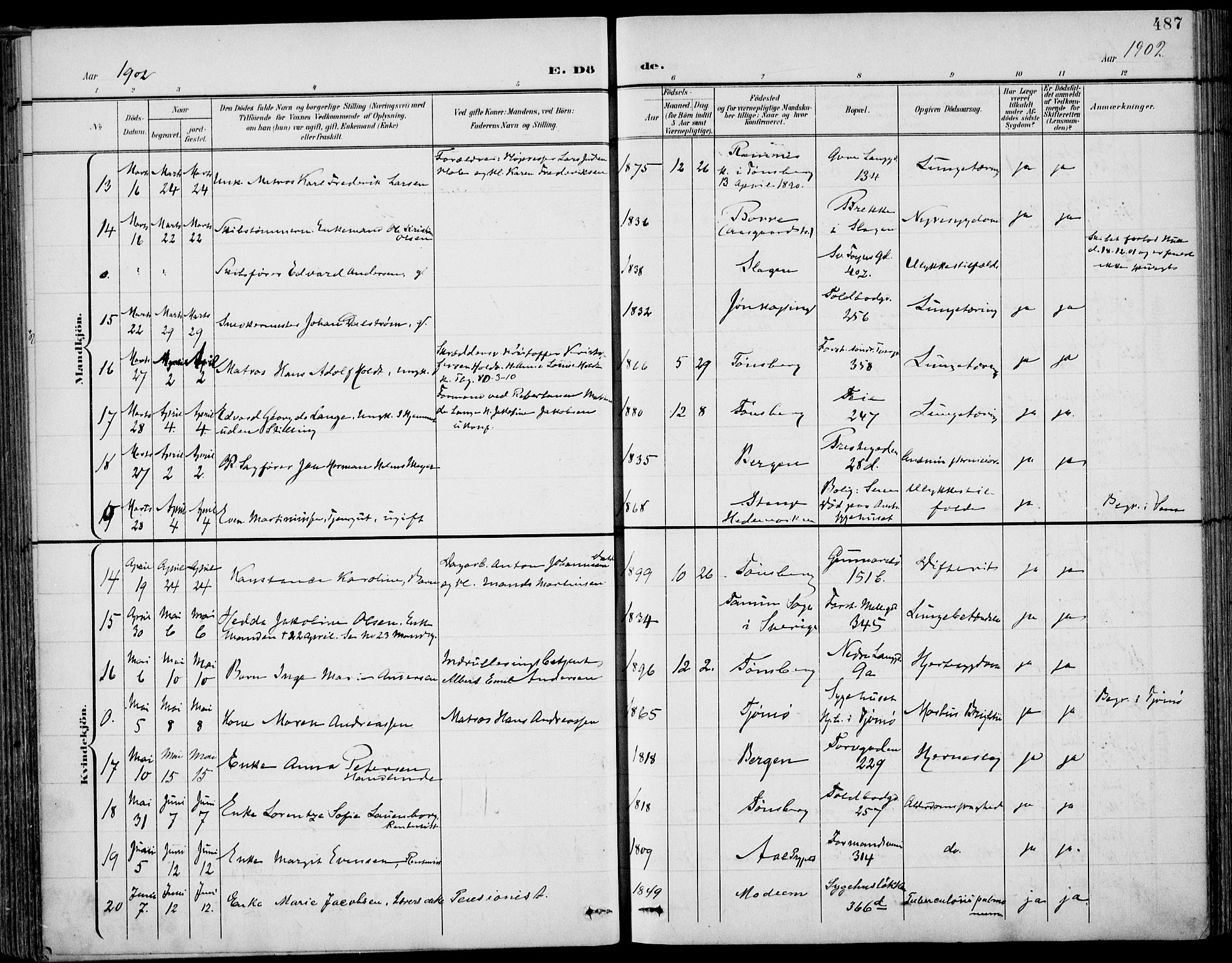 Tønsberg kirkebøker, AV/SAKO-A-330/F/Fa/L0013: Parish register (official) no. I 13, 1900-1913, p. 487