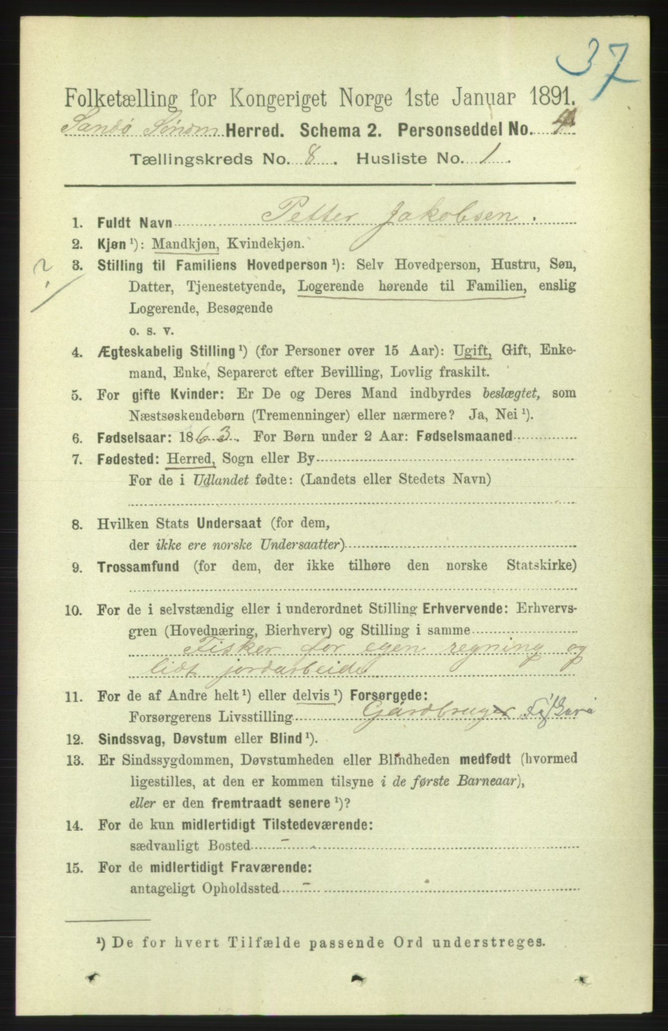 RA, 1891 census for 1514 Sande, 1891, p. 1378