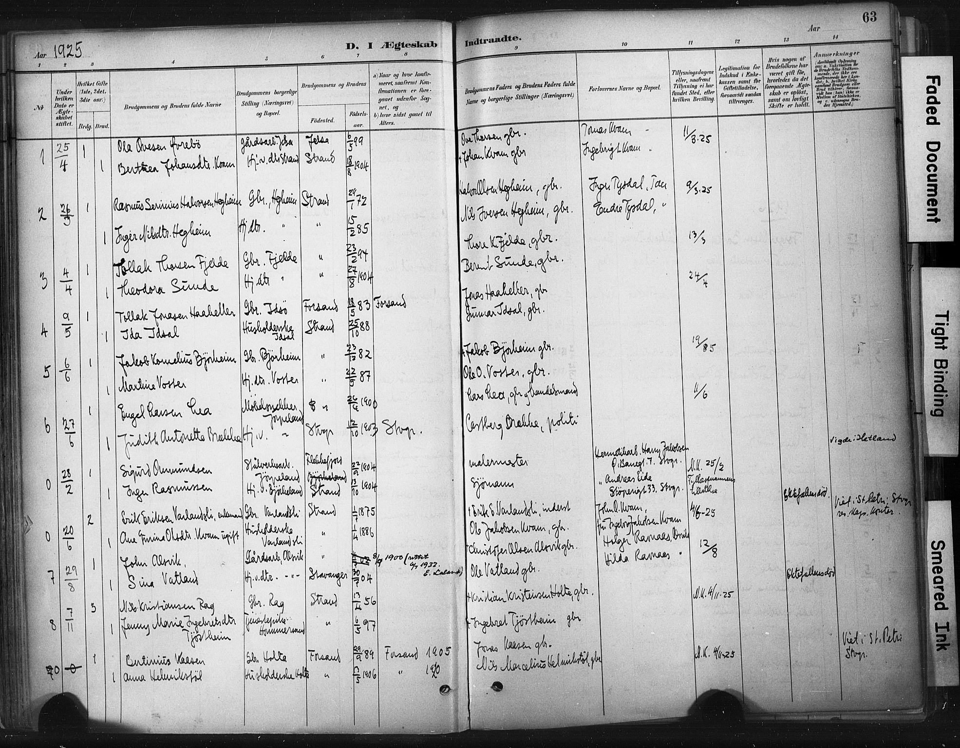 Strand sokneprestkontor, SAST/A-101828/H/Ha/Haa/L0010: Parish register (official) no. A 10, 1882-1929, p. 63