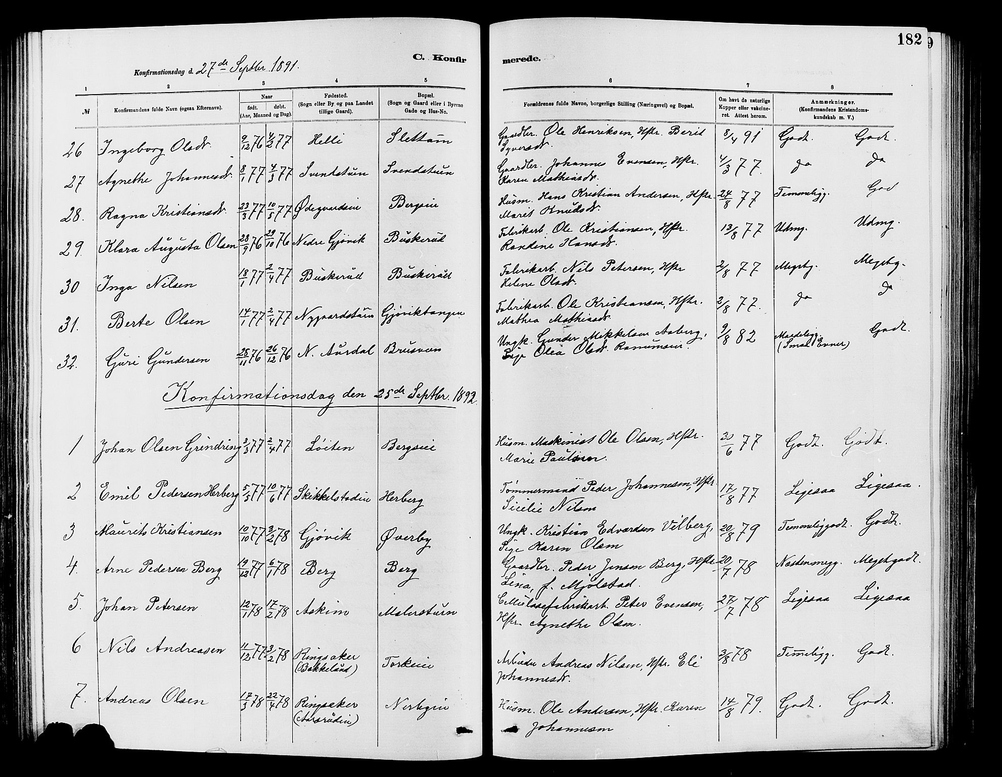 Vardal prestekontor, SAH/PREST-100/H/Ha/Hab/L0007: Parish register (copy) no. 7 /1, 1881-1895, p. 182