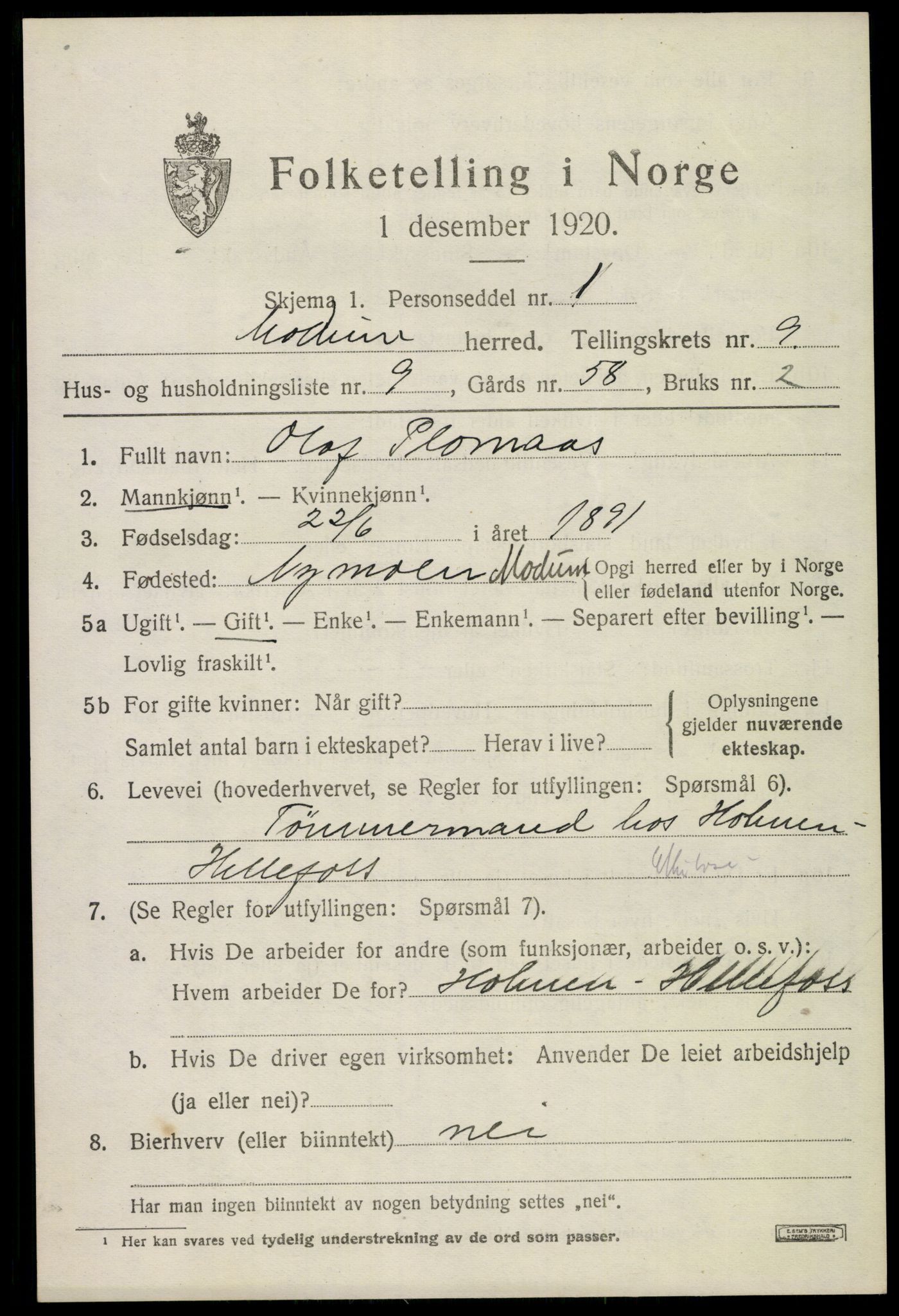 SAKO, 1920 census for Modum, 1920, p. 11869