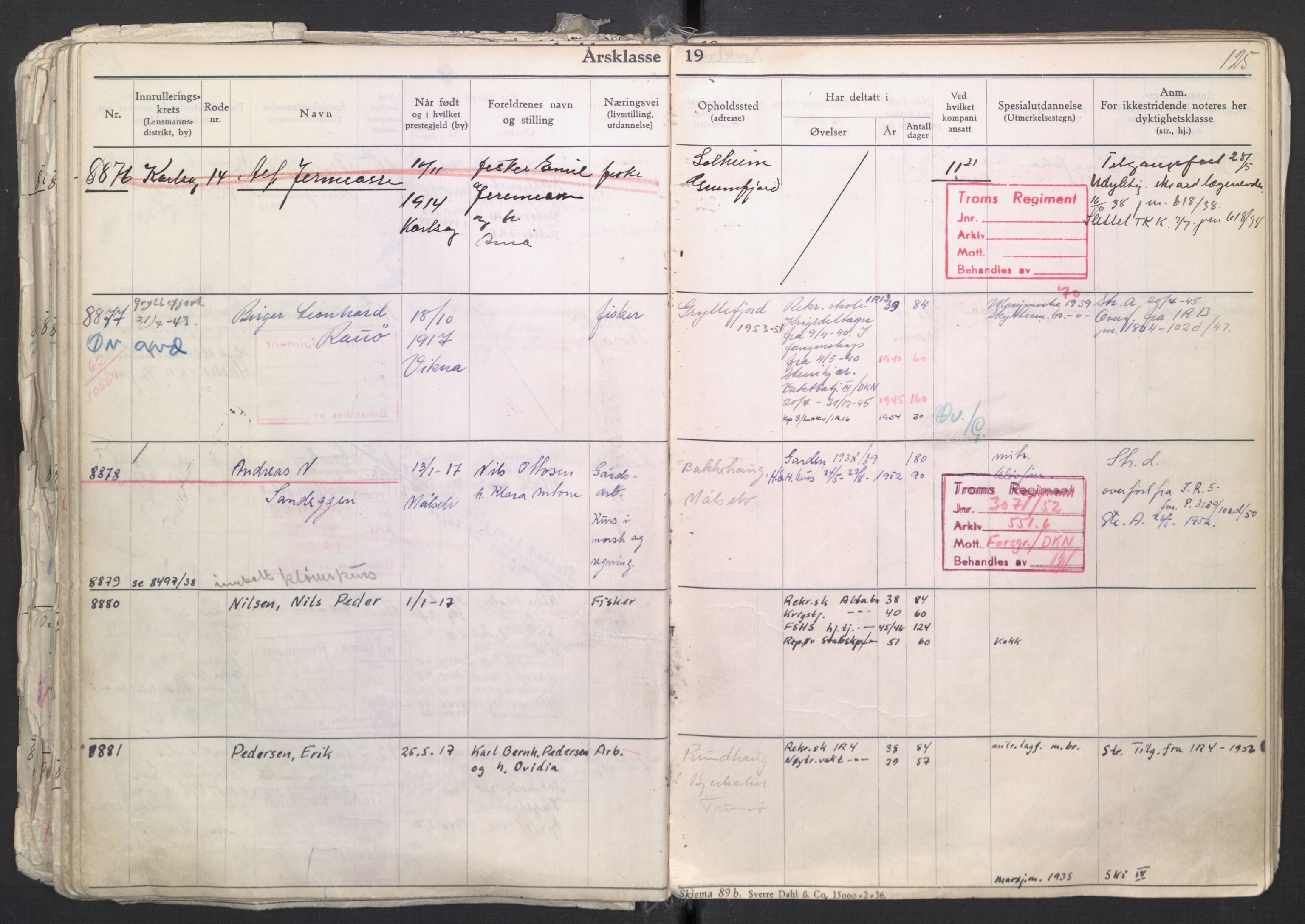 Forsvaret, Troms infanteriregiment nr. 16, AV/RA-RAFA-3146/P/Pa/L0007/0003: Ruller / Rulle for regimentets menige mannskaper, årsklasse 1938, 1938, p. 125