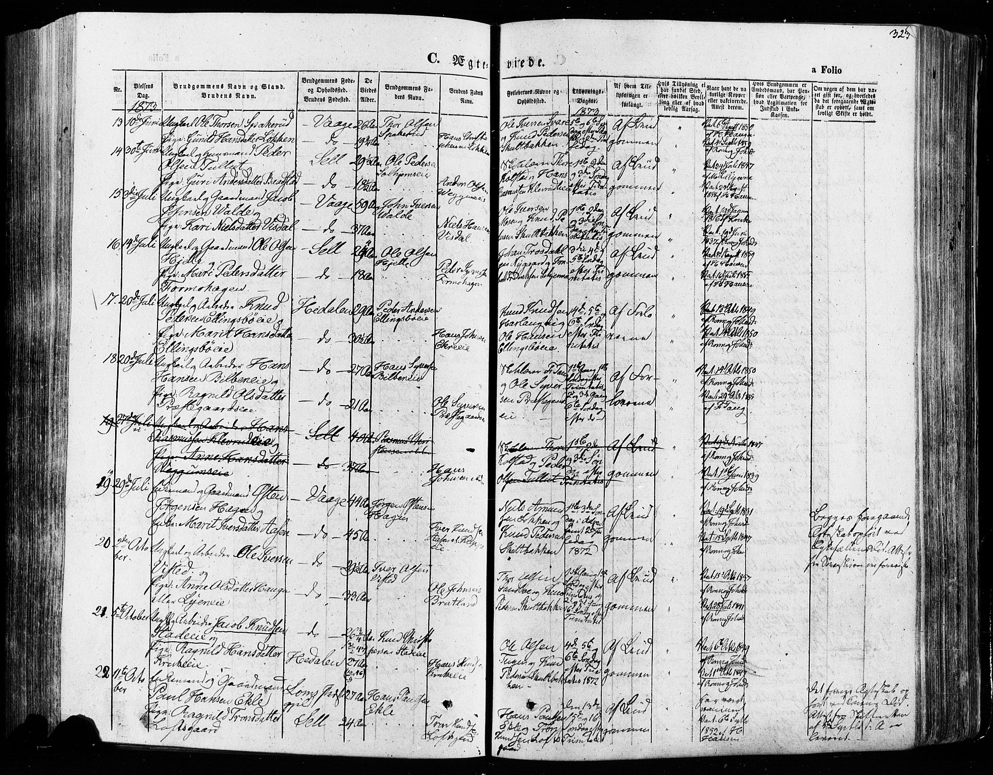 Vågå prestekontor, SAH/PREST-076/H/Ha/Haa/L0007: Parish register (official) no. 7 /1, 1872-1886, p. 323