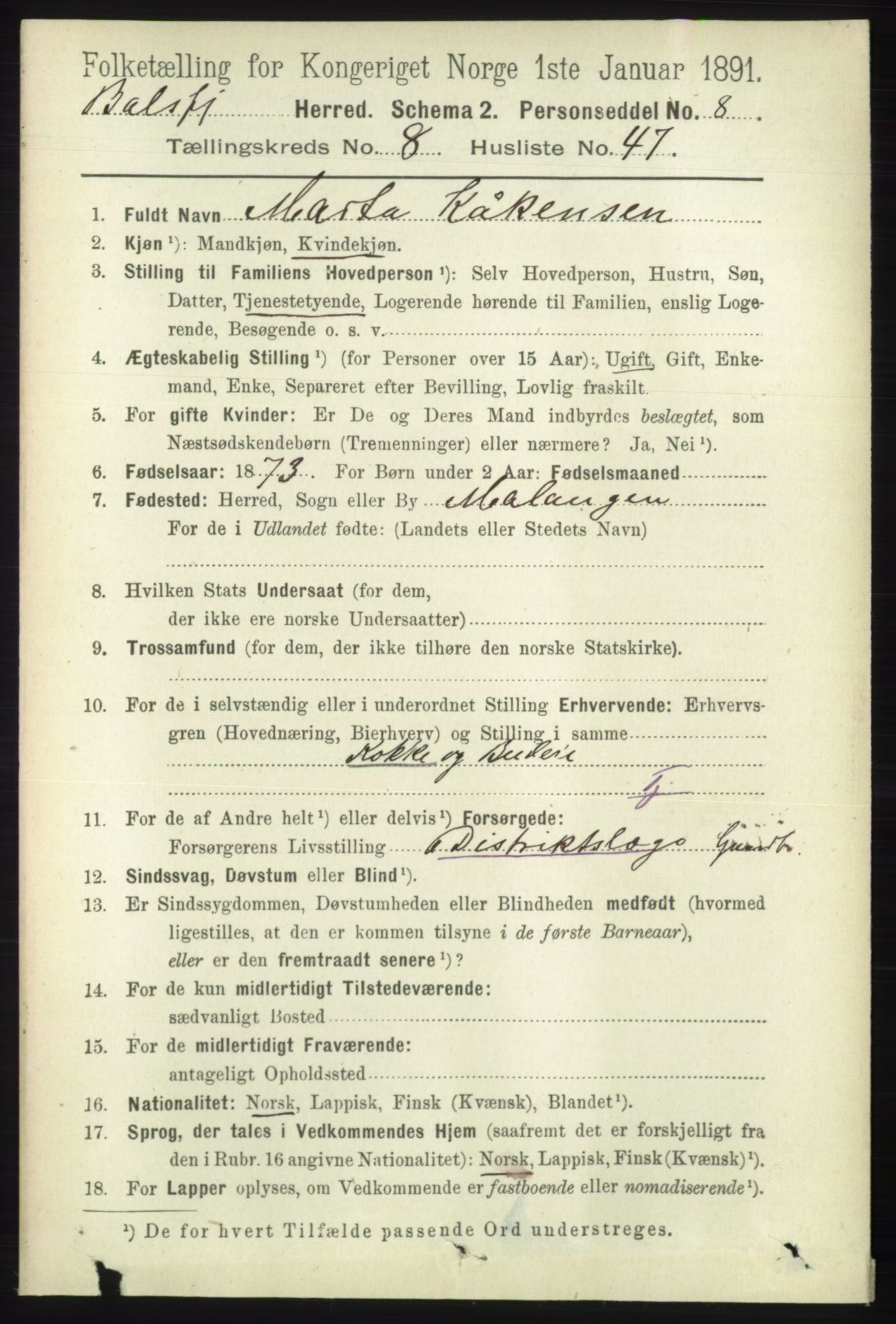 RA, 1891 census for 1933 Balsfjord, 1891, p. 2779