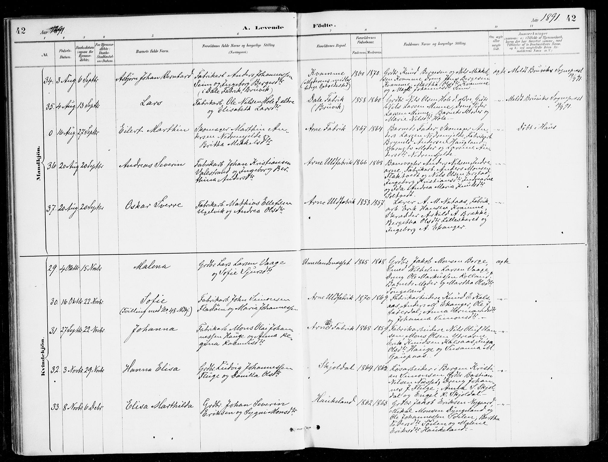 Haus sokneprestembete, AV/SAB-A-75601/H/Haa/Haad/L0001: Parish register (official) no. D 1, 1887-1898, p. 42