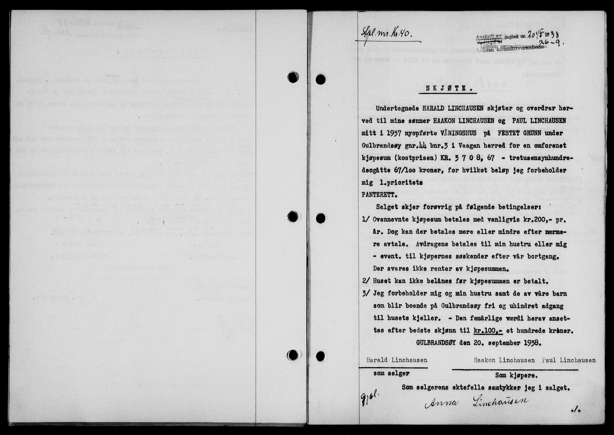 Lofoten sorenskriveri, SAT/A-0017/1/2/2C/L0004a: Mortgage book no. 4a, 1938-1938, Diary no: : 2045/1938