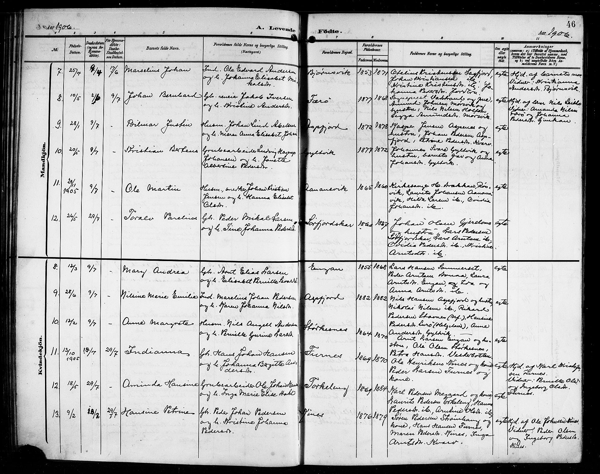 Ministerialprotokoller, klokkerbøker og fødselsregistre - Nordland, AV/SAT-A-1459/854/L0786: Parish register (copy) no. 854C02, 1901-1912, p. 46
