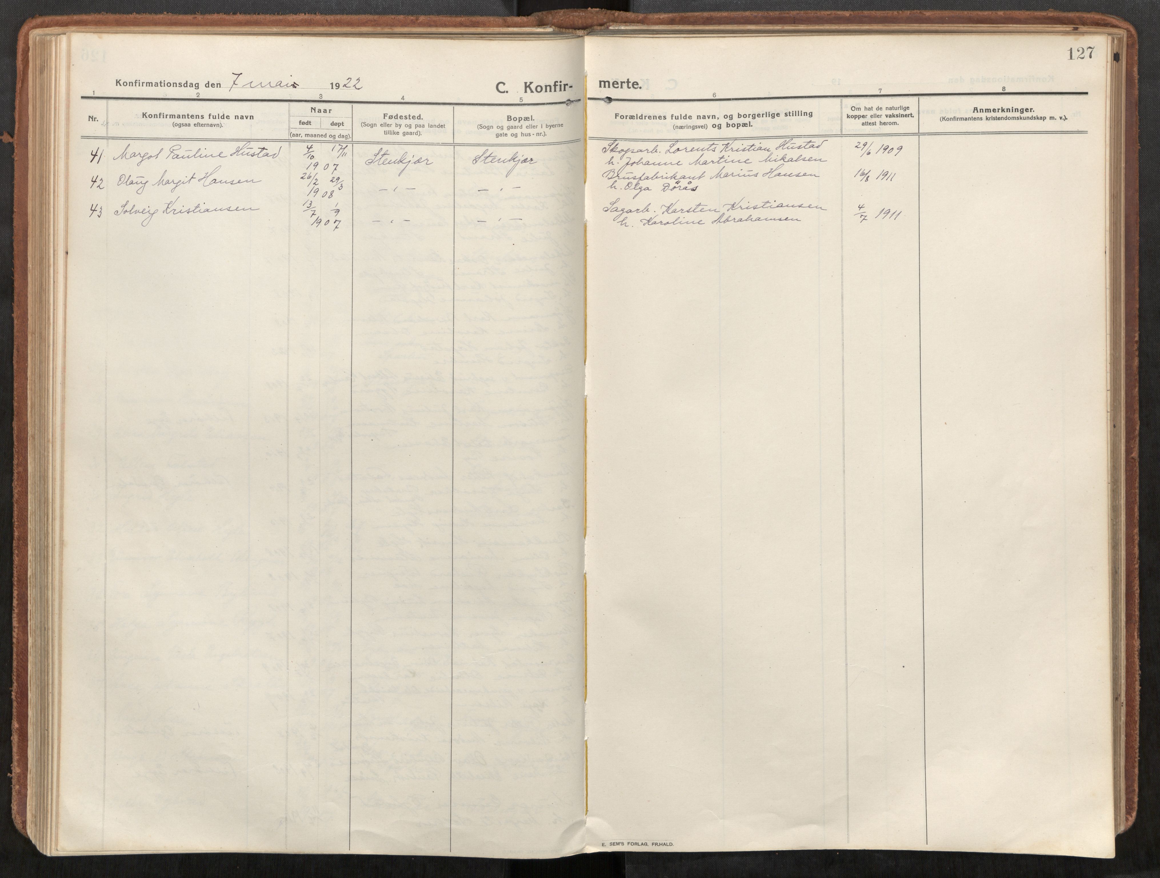 Steinkjer sokneprestkontor, AV/SAT-A-1541/01/H/Ha/Haa/L0003: Parish register (official) no. 3, 1913-1922, p. 127