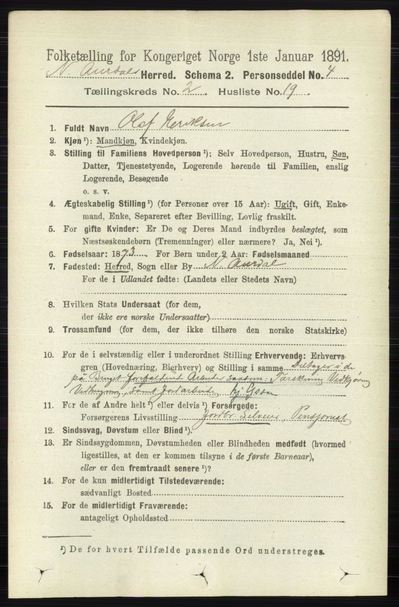 RA, 1891 census for 0542 Nord-Aurdal, 1891, p. 675