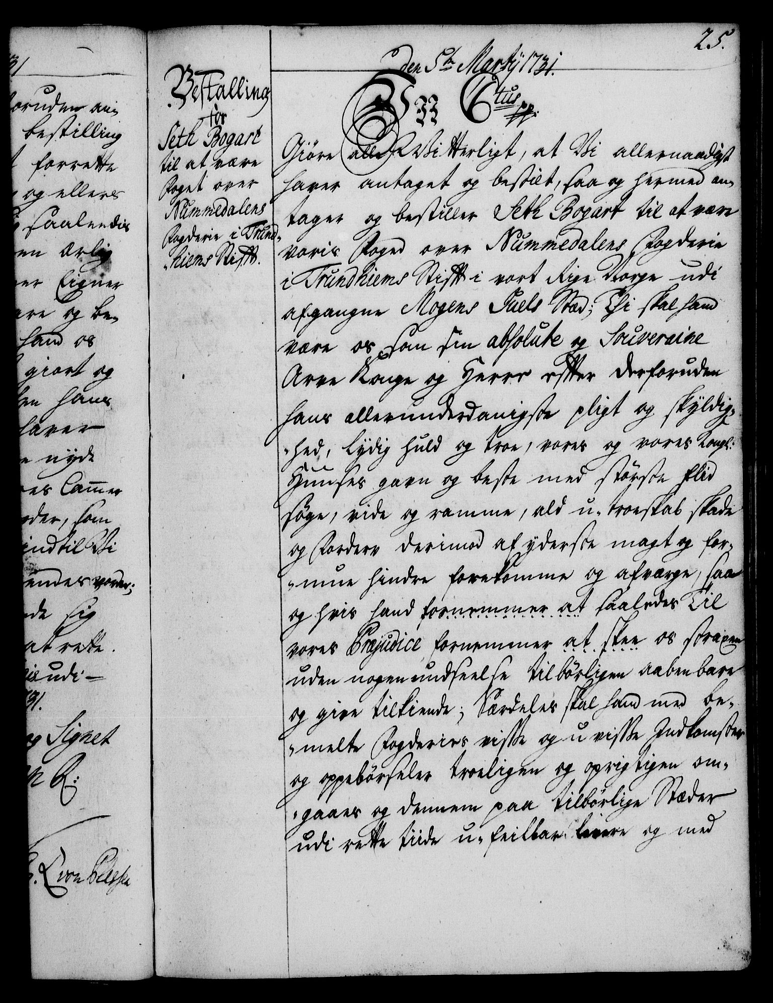 Rentekammeret, Kammerkanselliet, AV/RA-EA-3111/G/Gg/Gge/L0002: Norsk bestallingsprotokoll med register (merket RK 53.26), 1730-1744, p. 25