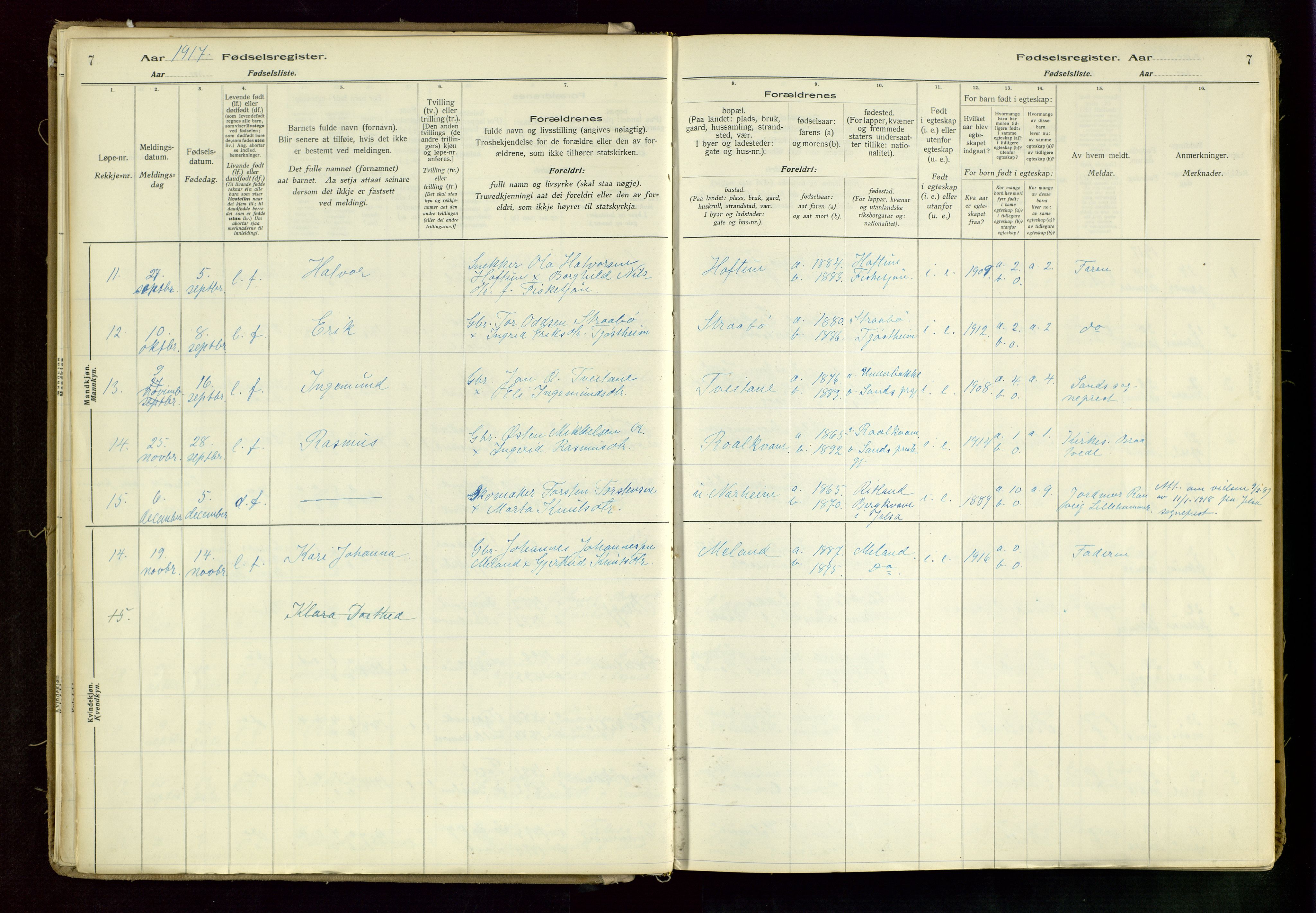 Suldal sokneprestkontor, AV/SAST-A-101845/03/A/L0002: Birth register no. 2, 1916-1982, p. 7