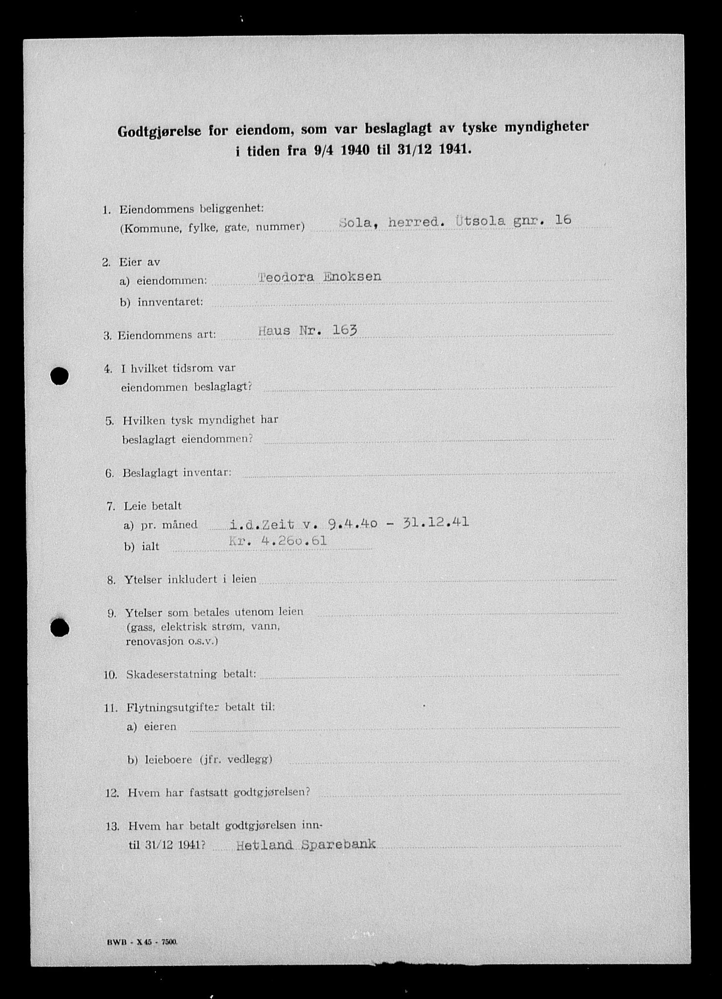 Justisdepartementet, Tilbakeføringskontoret for inndratte formuer, AV/RA-S-1564/I/L1014: Godtgjørelse for beslaglagt eiendom, 1940-1941, p. 244