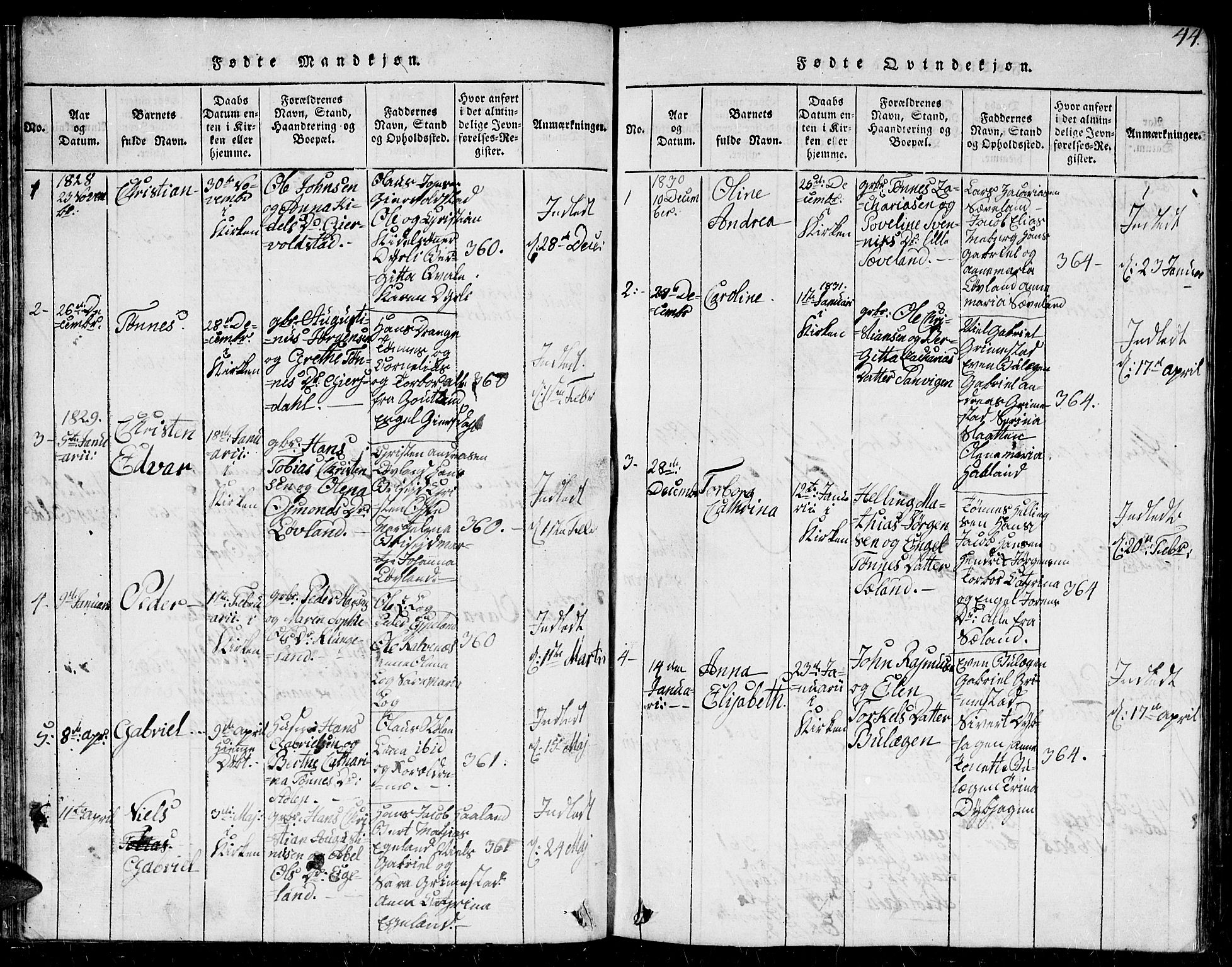 Herad sokneprestkontor, AV/SAK-1111-0018/F/Fb/Fba/L0001: Parish register (copy) no. B 1, 1815-1852, p. 44