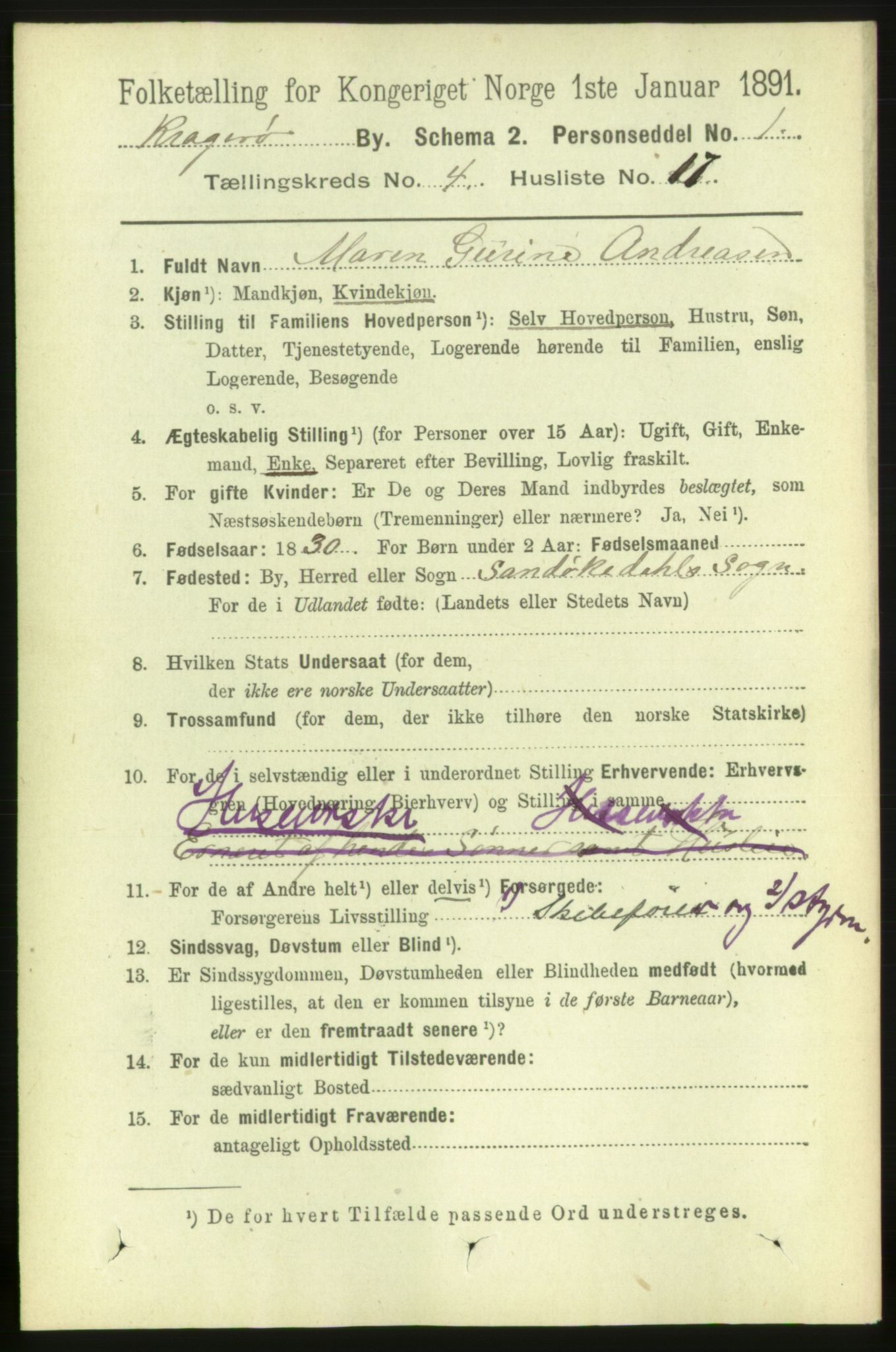 RA, 1891 census for 0801 Kragerø, 1891, p. 2940