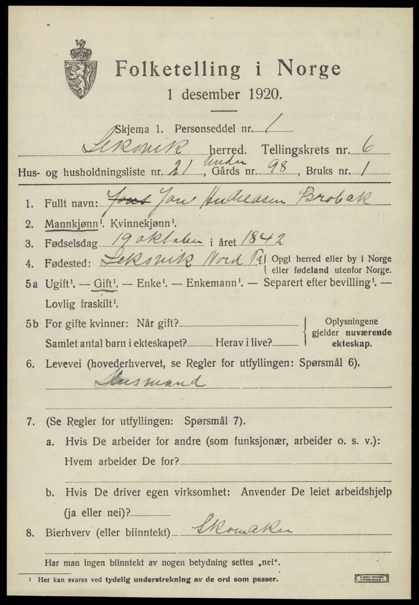 SAT, 1920 census for Leksvik, 1920, p. 5676