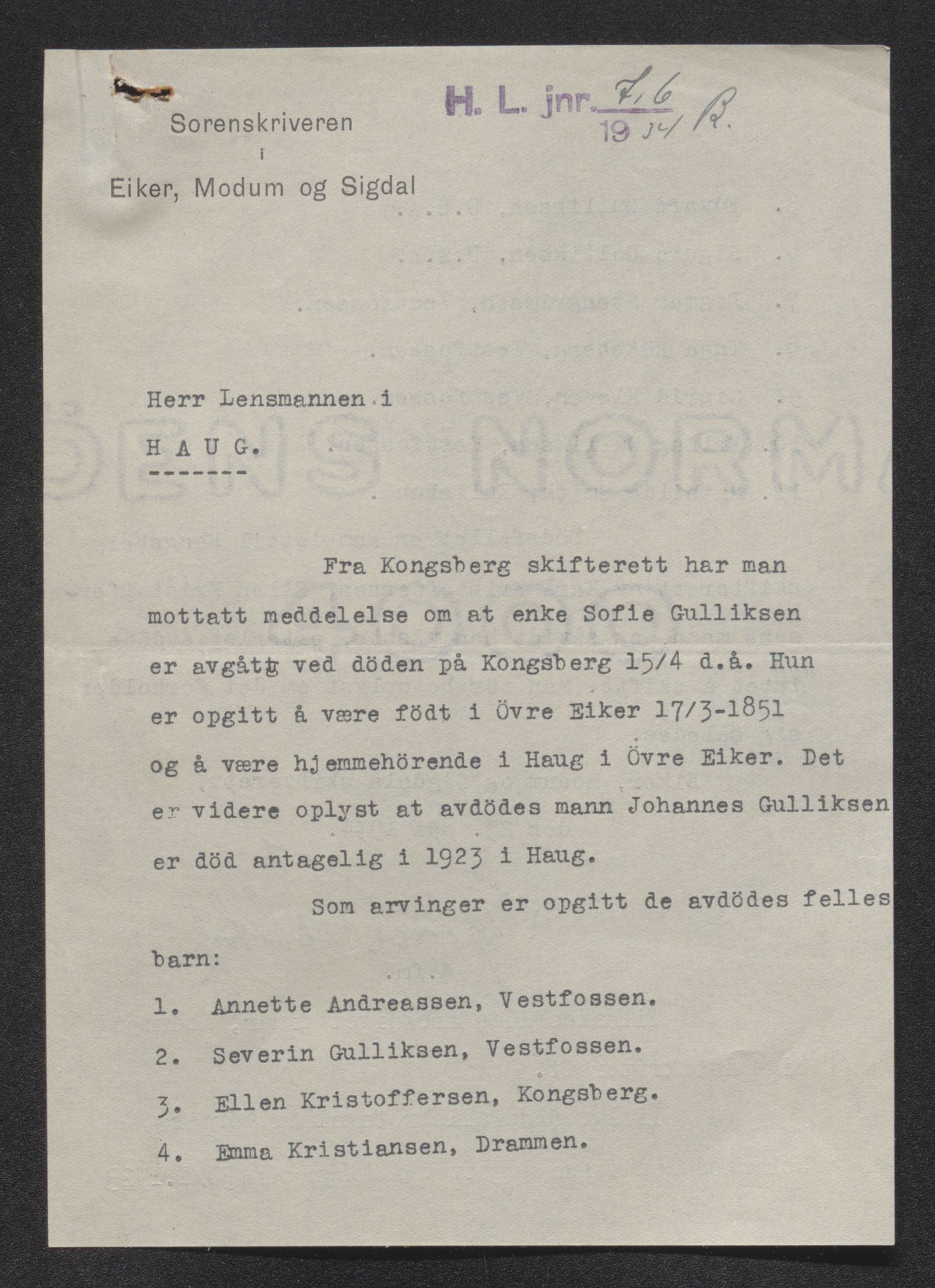 Eiker, Modum og Sigdal sorenskriveri, AV/SAKO-A-123/H/Ha/Hab/L0049: Dødsfallsmeldinger, 1934, p. 394