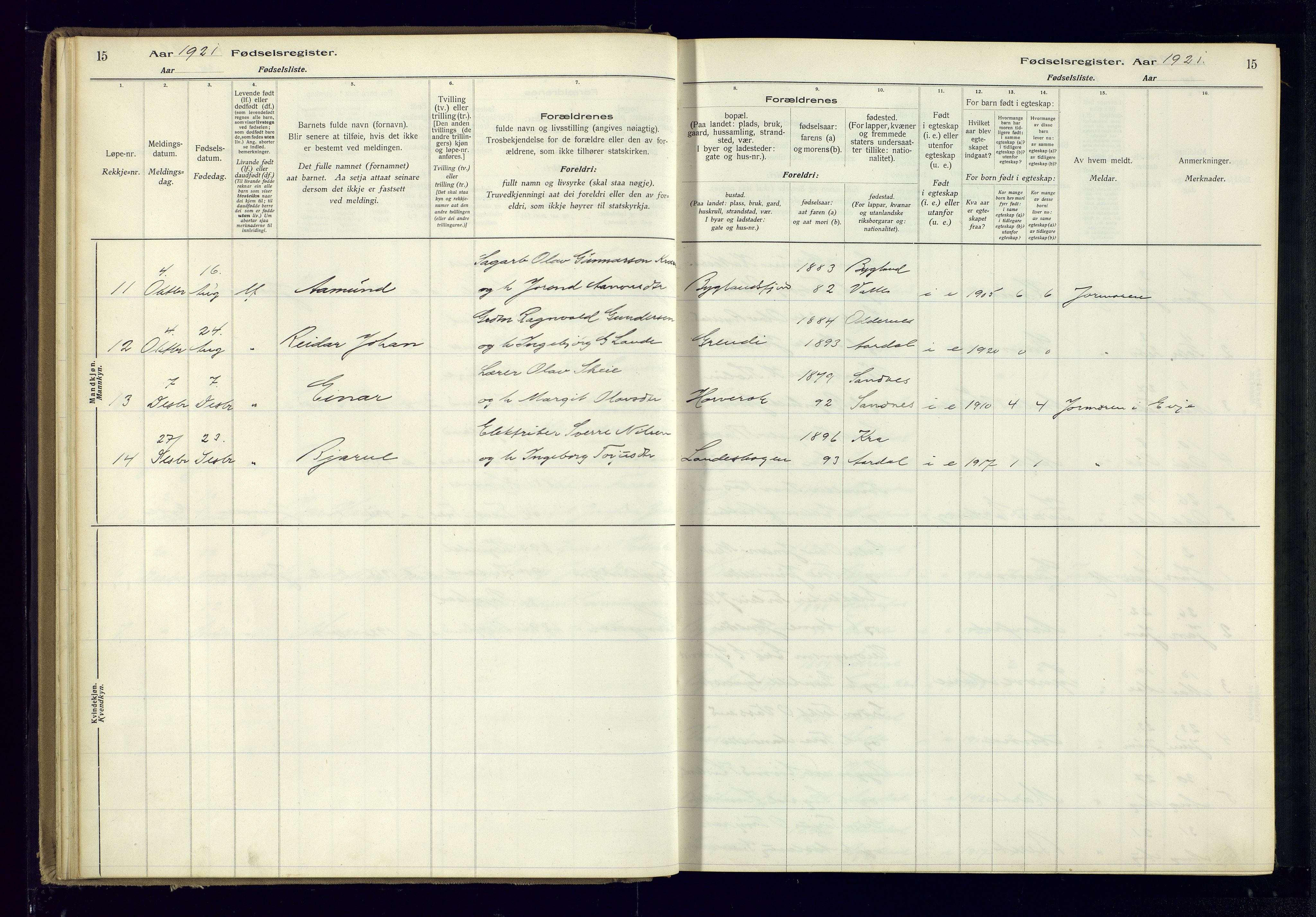 Bygland sokneprestkontor, AV/SAK-1111-0006/J/Ja/L0004: Birth register no. II.4.5, 1916-1983, p. 15