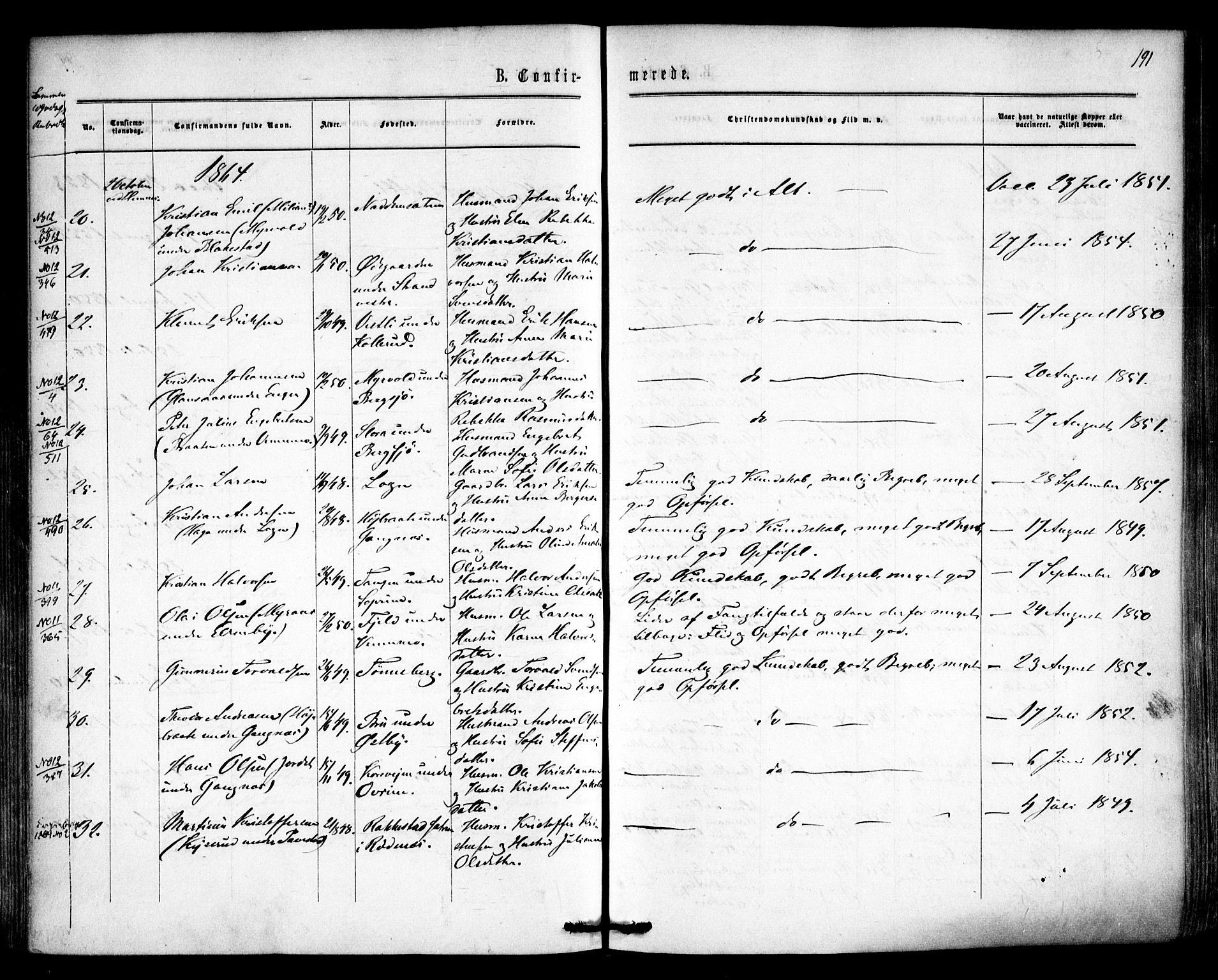 Høland prestekontor Kirkebøker, AV/SAO-A-10346a/F/Fa/L0011: Parish register (official) no. I 11, 1862-1869, p. 191