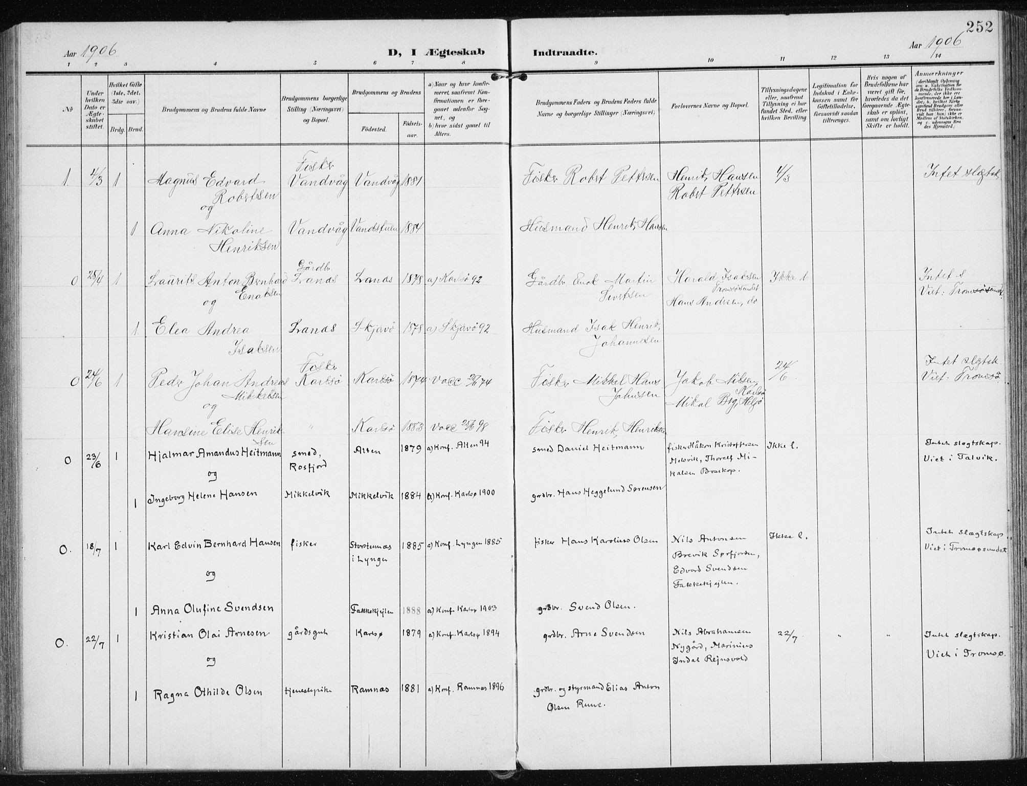 Karlsøy sokneprestembete, SATØ/S-1299/H/Ha/Haa/L0014kirke: Parish register (official) no. 14, 1903-1917, p. 252