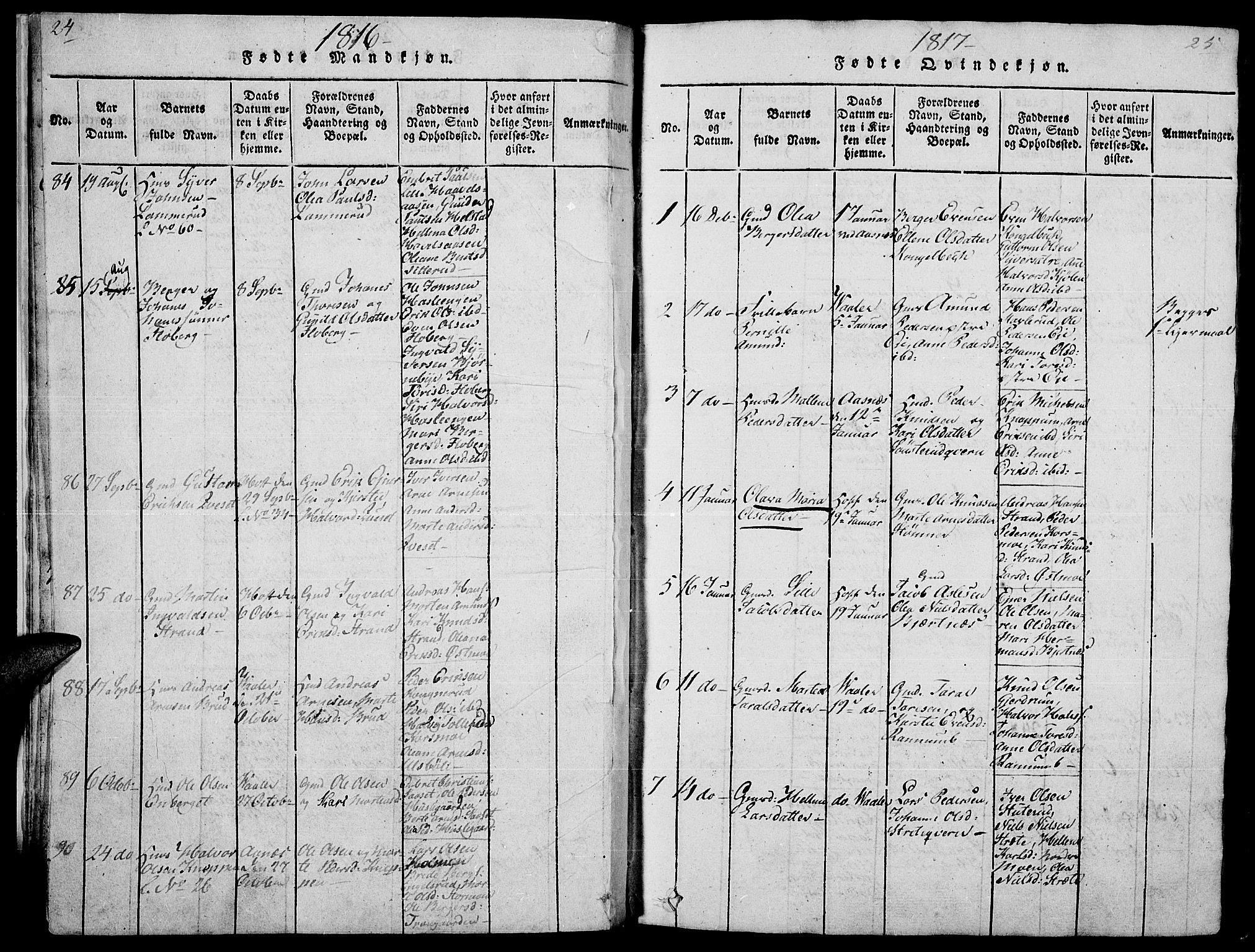 Hof prestekontor, SAH/PREST-038/H/Ha/Haa/L0005: Parish register (official) no. 5, 1816-1822, p. 24-25