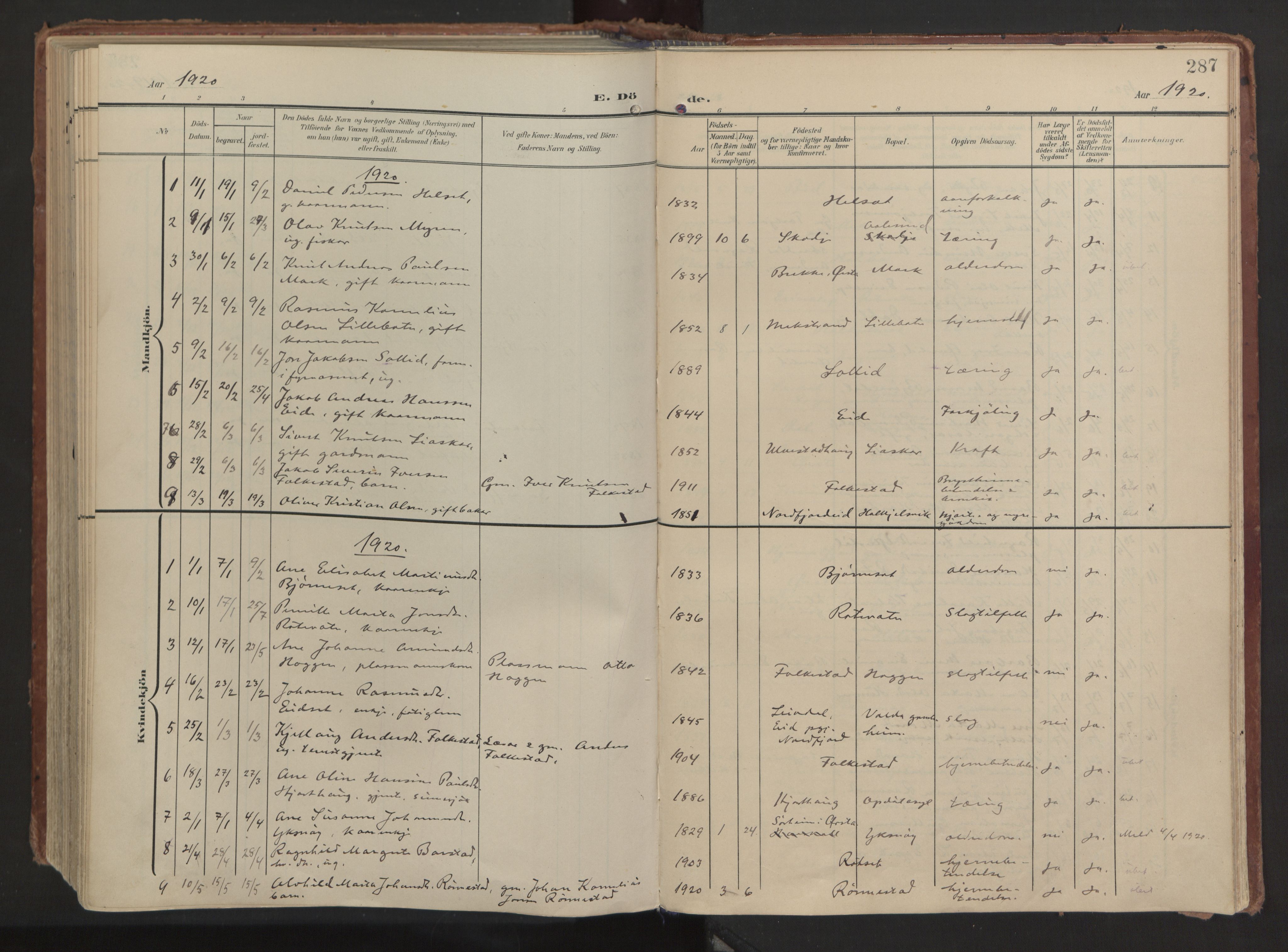 Ministerialprotokoller, klokkerbøker og fødselsregistre - Møre og Romsdal, AV/SAT-A-1454/511/L0144: Parish register (official) no. 511A11, 1906-1923, p. 287