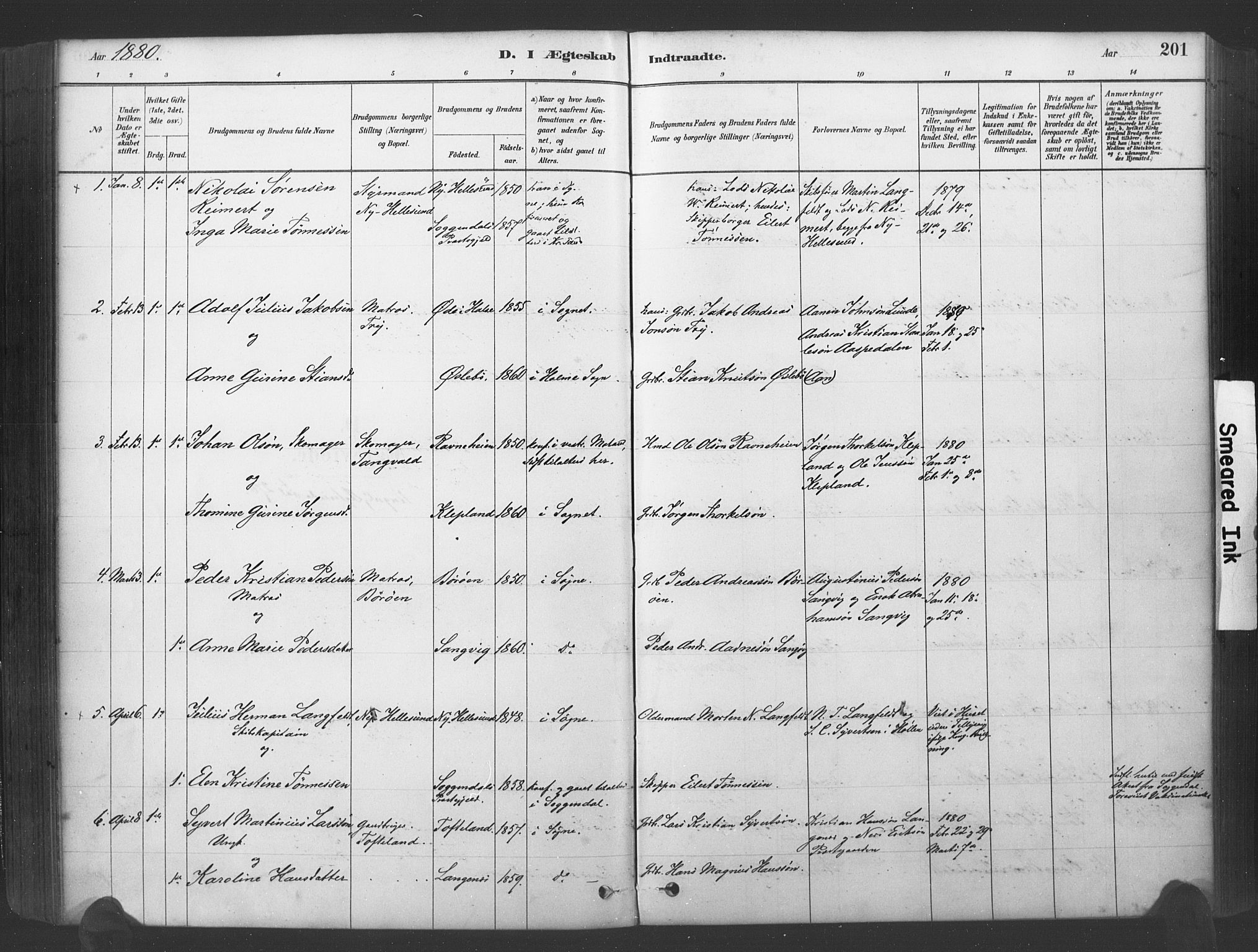 Søgne sokneprestkontor, SAK/1111-0037/F/Fa/Fab/L0012: Parish register (official) no. A 12, 1880-1891, p. 201