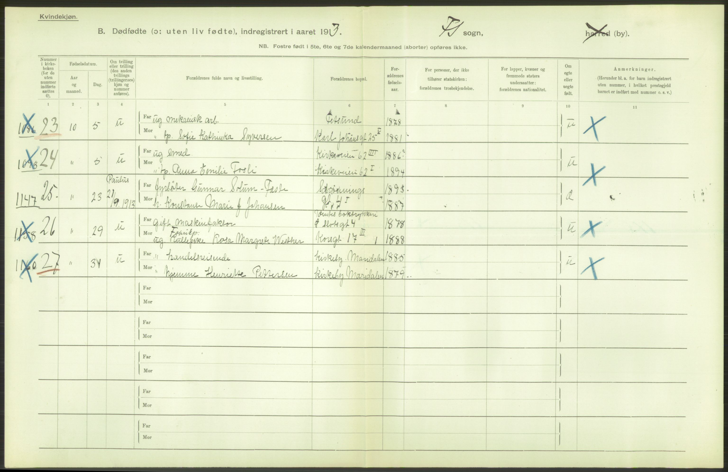 Statistisk sentralbyrå, Sosiodemografiske emner, Befolkning, AV/RA-S-2228/D/Df/Dfb/Dfbc/L0010: Kristiania: Døde, dødfødte., 1913, p. 40