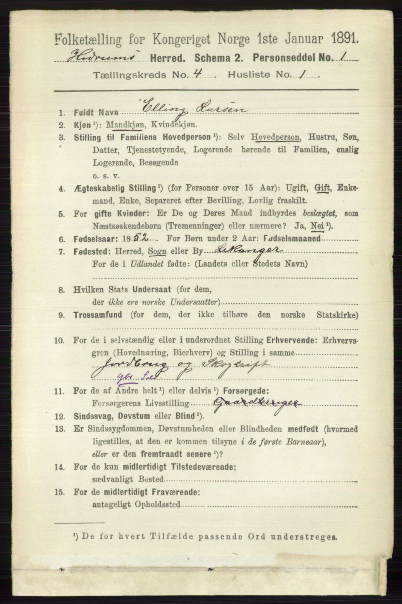 RA, 1891 census for 0727 Hedrum, 1891, p. 1388