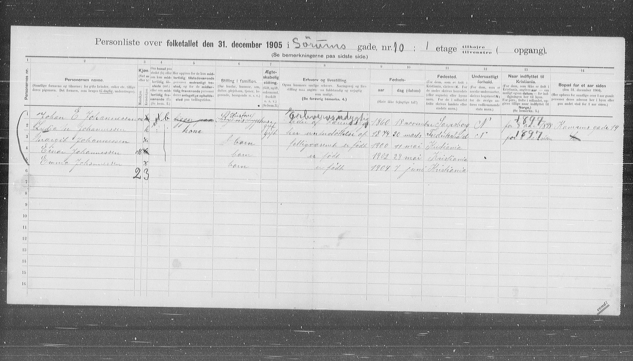 OBA, Municipal Census 1905 for Kristiania, 1905, p. 56027