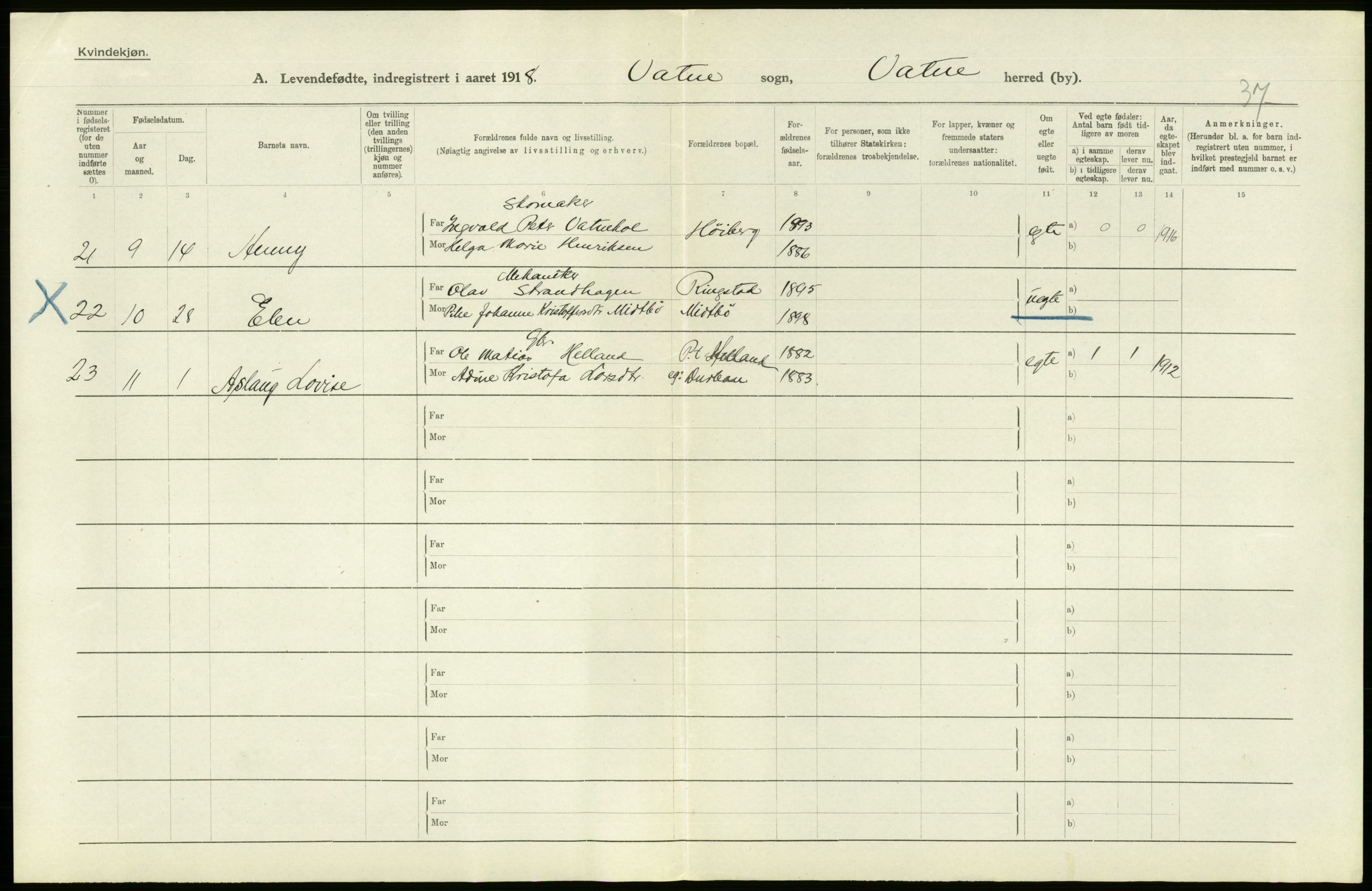 Statistisk sentralbyrå, Sosiodemografiske emner, Befolkning, RA/S-2228/D/Df/Dfb/Dfbh/L0043: Møre fylke: Levendefødte menn og kvinner. Bygder., 1918, p. 358