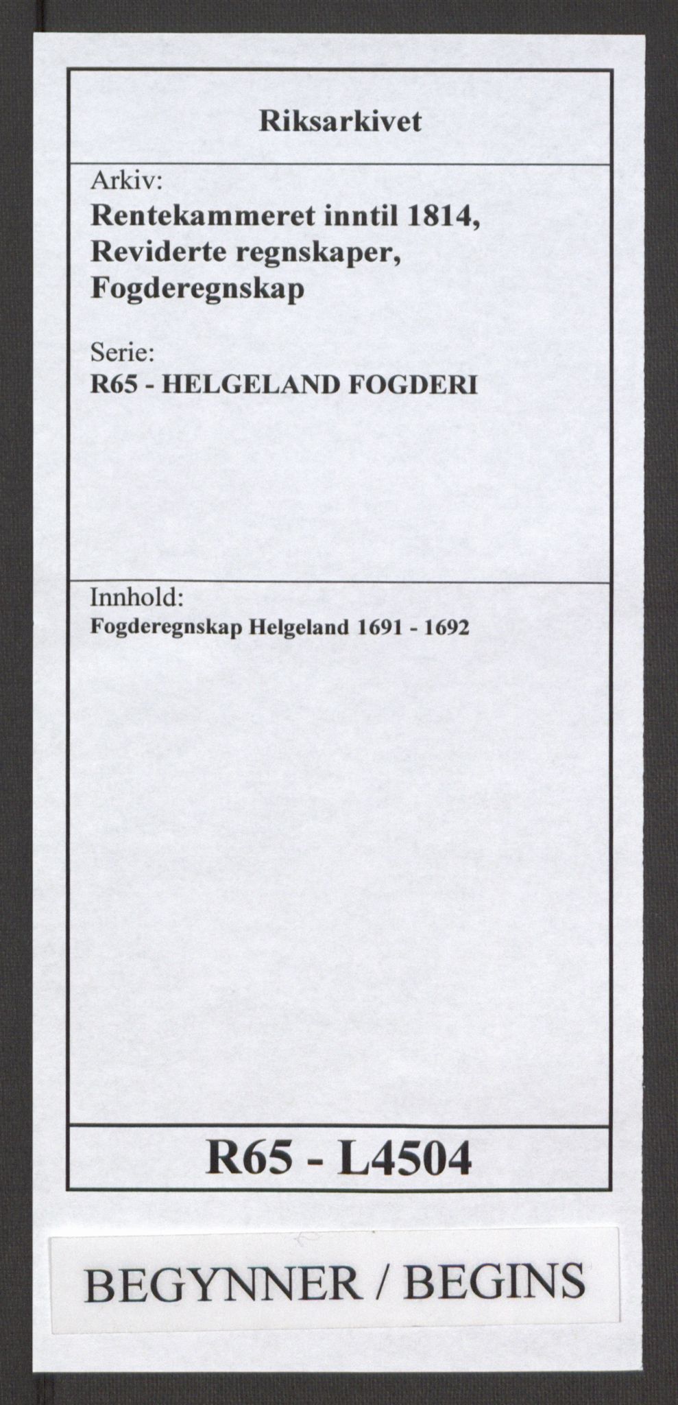 Rentekammeret inntil 1814, Reviderte regnskaper, Fogderegnskap, RA/EA-4092/R65/L4504: Fogderegnskap Helgeland, 1691-1692, p. 1