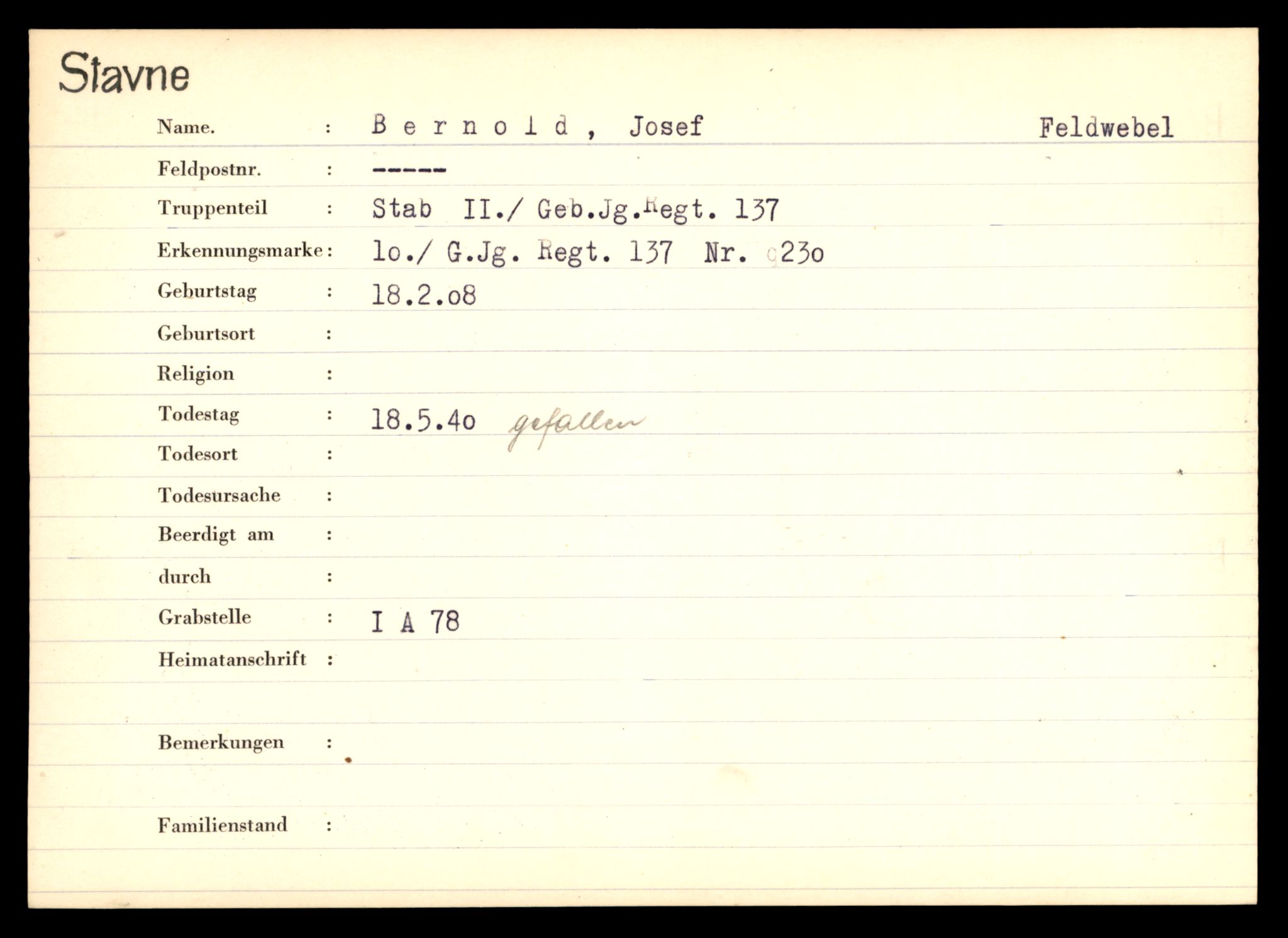 Distriktskontoret for krigsgraver, AV/SAT-A-5030/E/L0003: Kasett/kartotek over tysk Krigskirkegård Stavne, 1945, p. 75