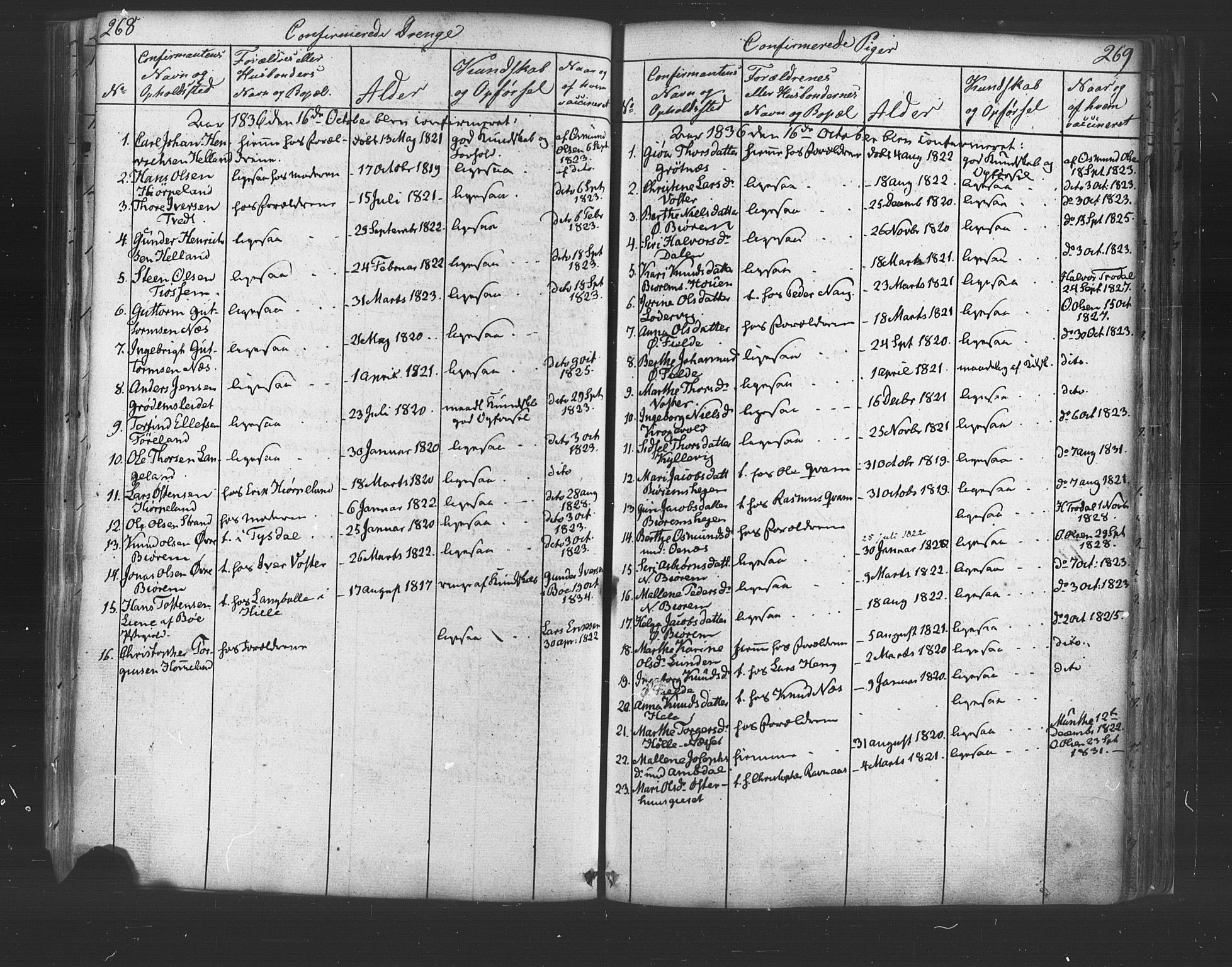 Strand sokneprestkontor, SAST/A-101828/H/Ha/Haa/L0006: Parish register (official) no. A 6, 1834-1854, p. 268-269