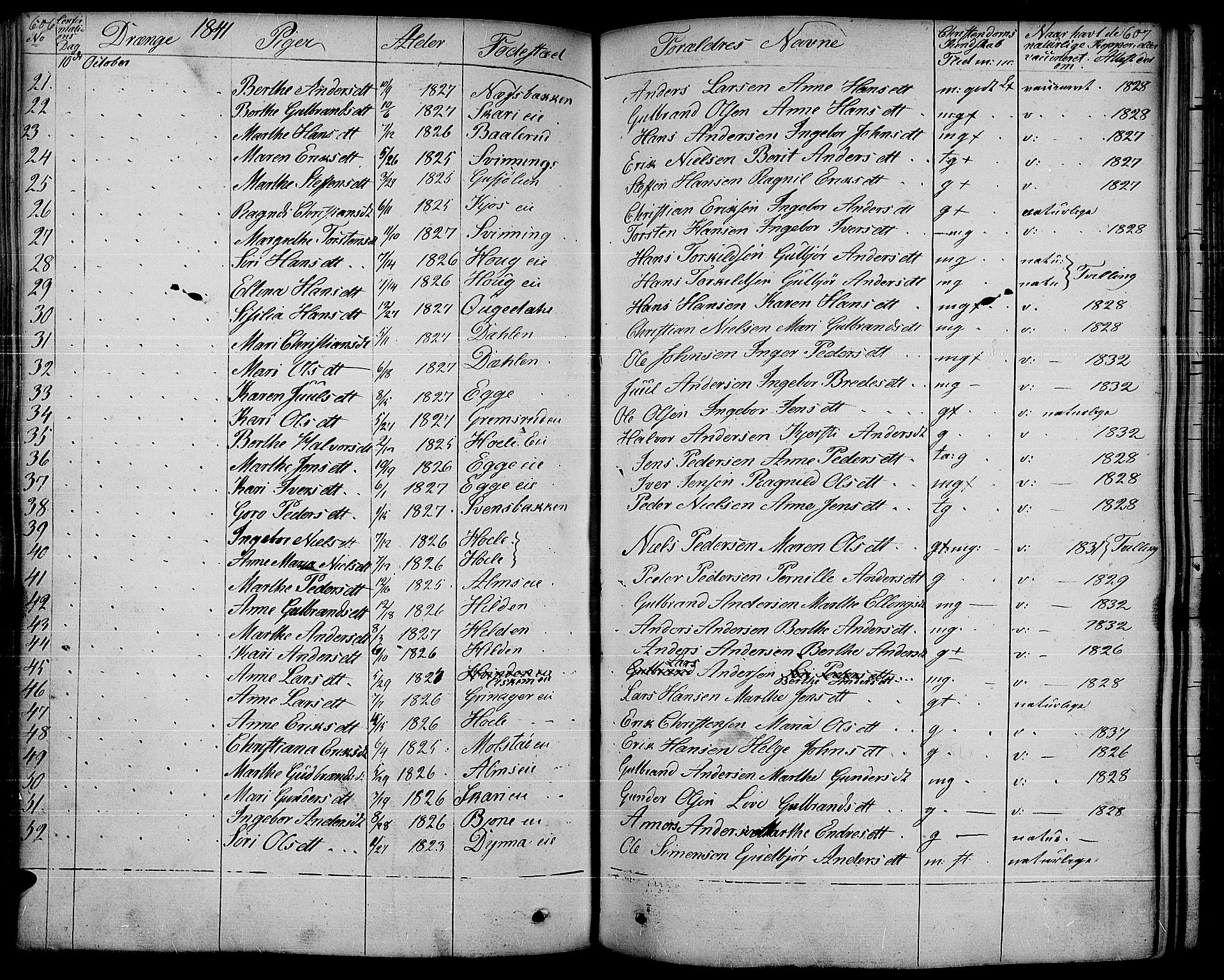 Gran prestekontor, SAH/PREST-112/H/Ha/Haa/L0010: Parish register (official) no. 10, 1824-1842, p. 606-607