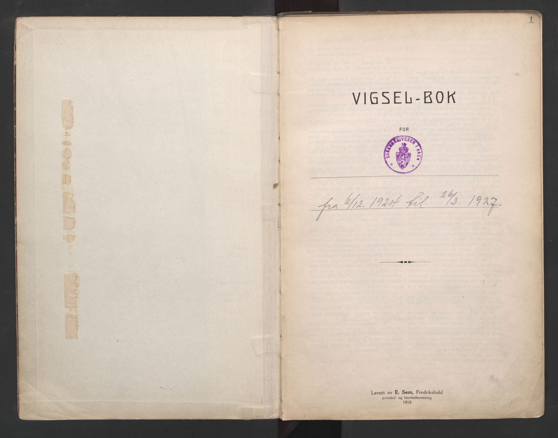 Aker sorenskriveri, SAO/A-10895/L/Lc/Lcb/L0003: Vigselprotokoll, 1924-1927, p. 1