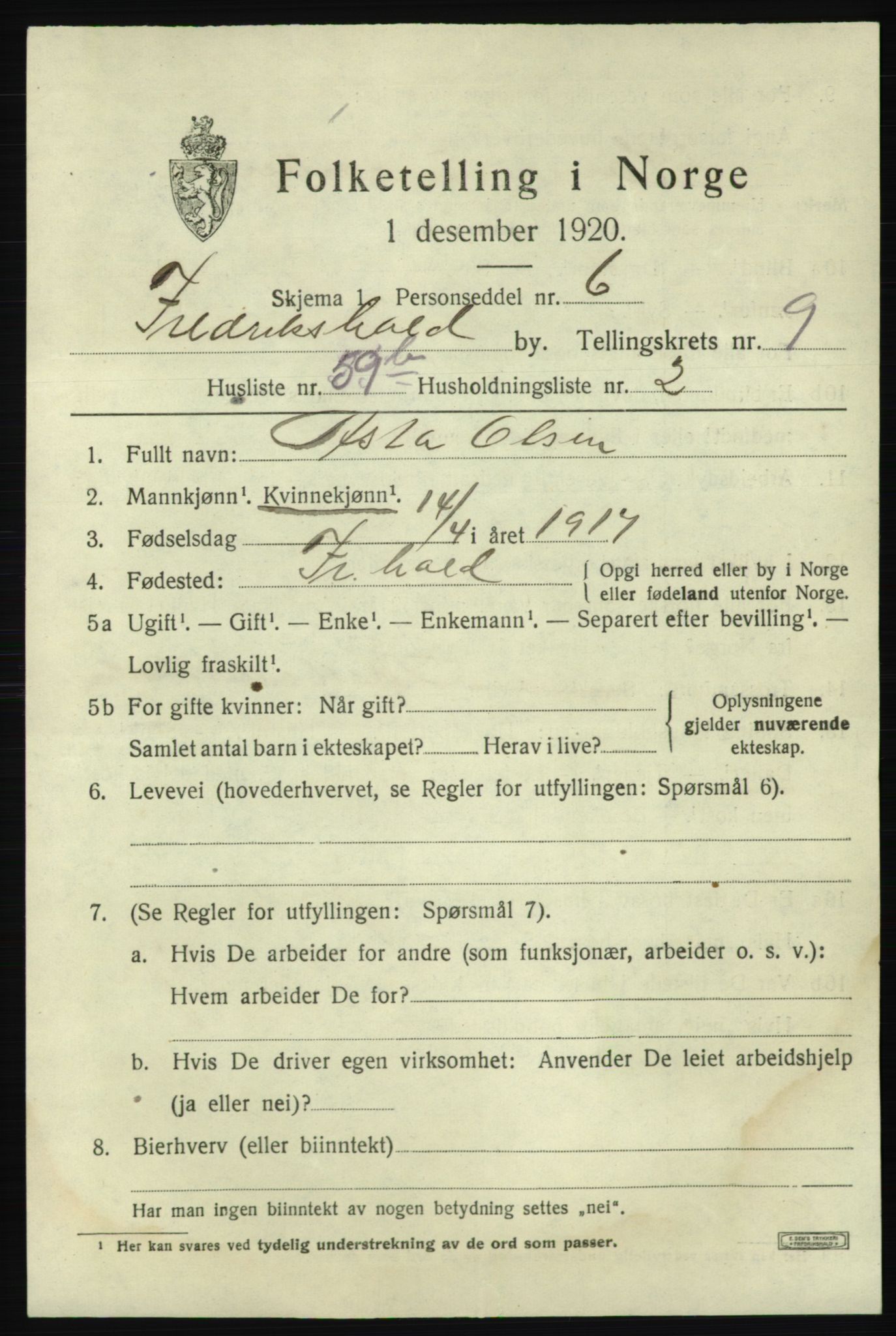 SAO, 1920 census for Fredrikshald, 1920, p. 17409