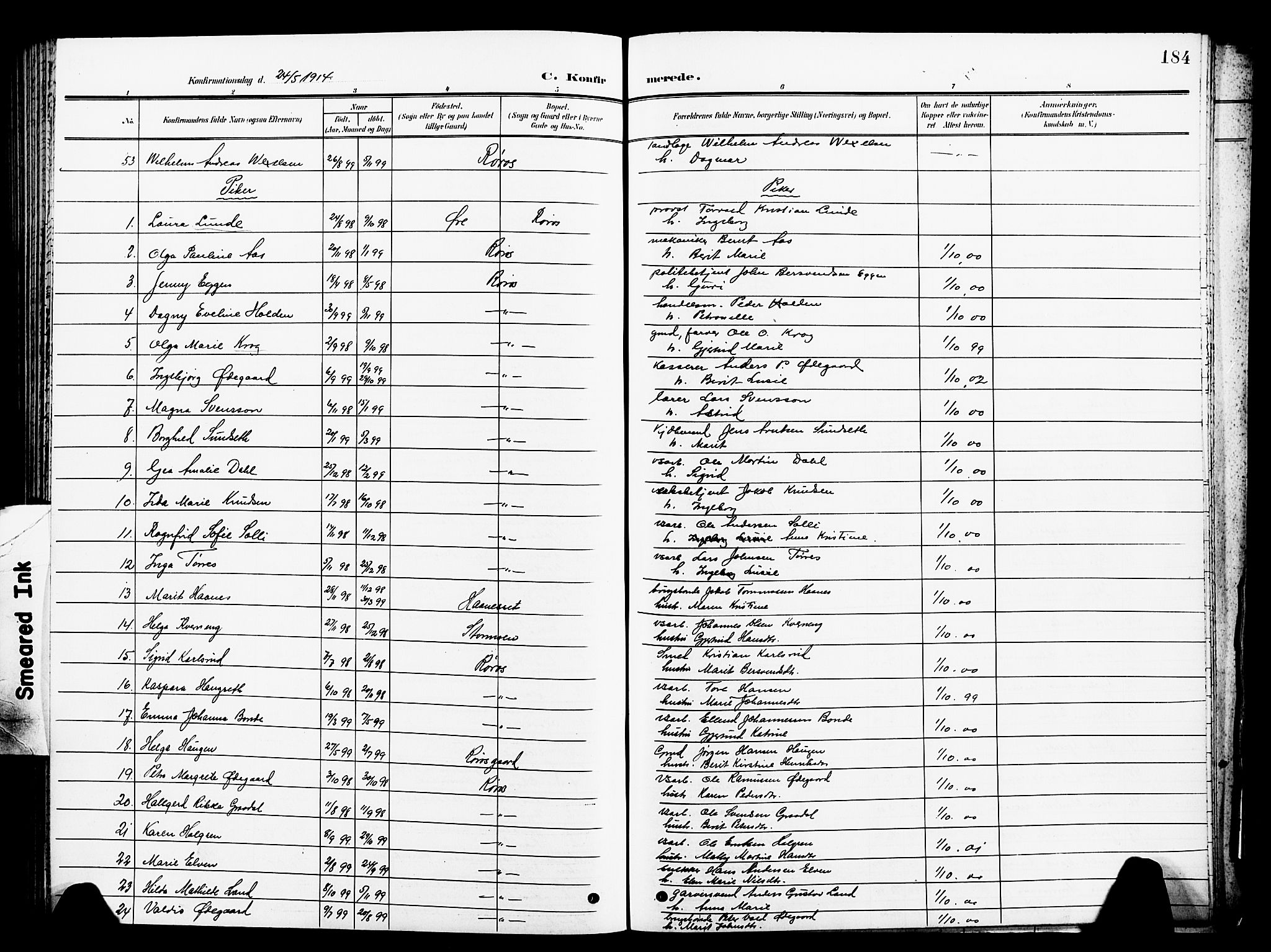 Ministerialprotokoller, klokkerbøker og fødselsregistre - Sør-Trøndelag, SAT/A-1456/681/L0942: Parish register (copy) no. 681C06, 1906-1925, p. 184