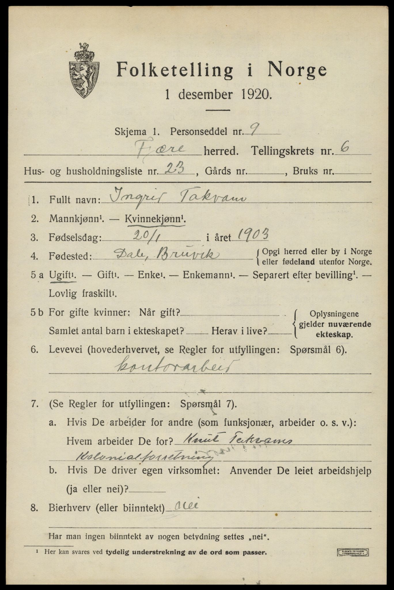 SAK, 1920 census for Fjære, 1920, p. 8495