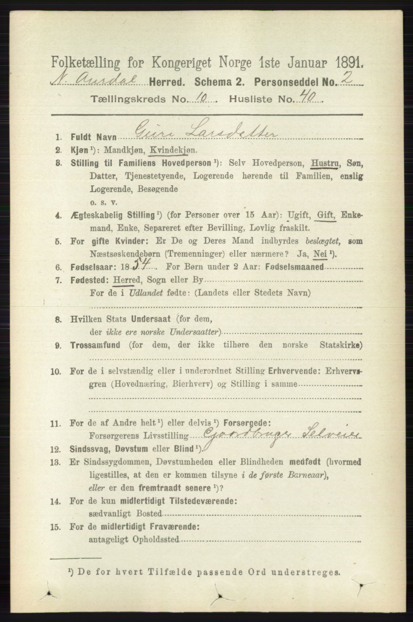 RA, 1891 census for 0542 Nord-Aurdal, 1891, p. 4011