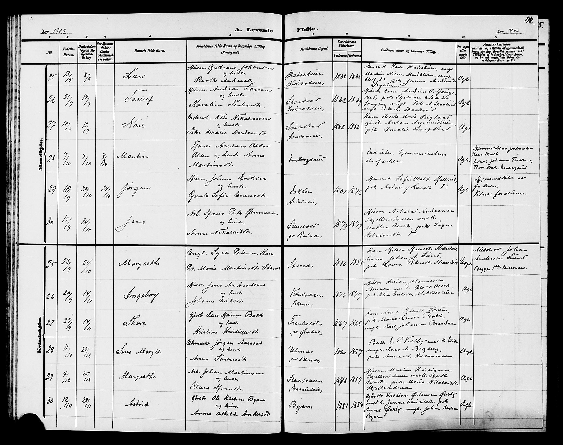 Søndre Land prestekontor, AV/SAH-PREST-122/L/L0005: Parish register (copy) no. 5, 1902-1911, p. 42