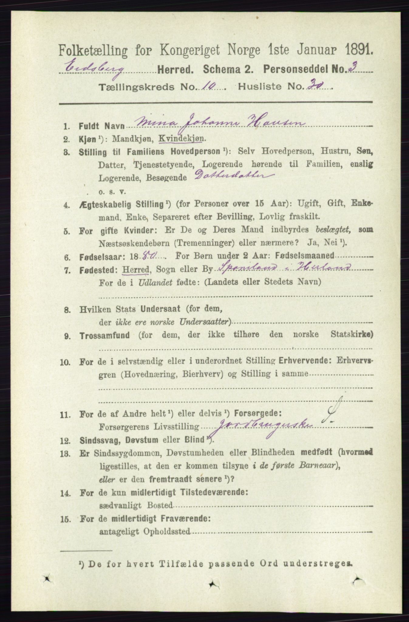 RA, 1891 census for 0125 Eidsberg, 1891, p. 5845