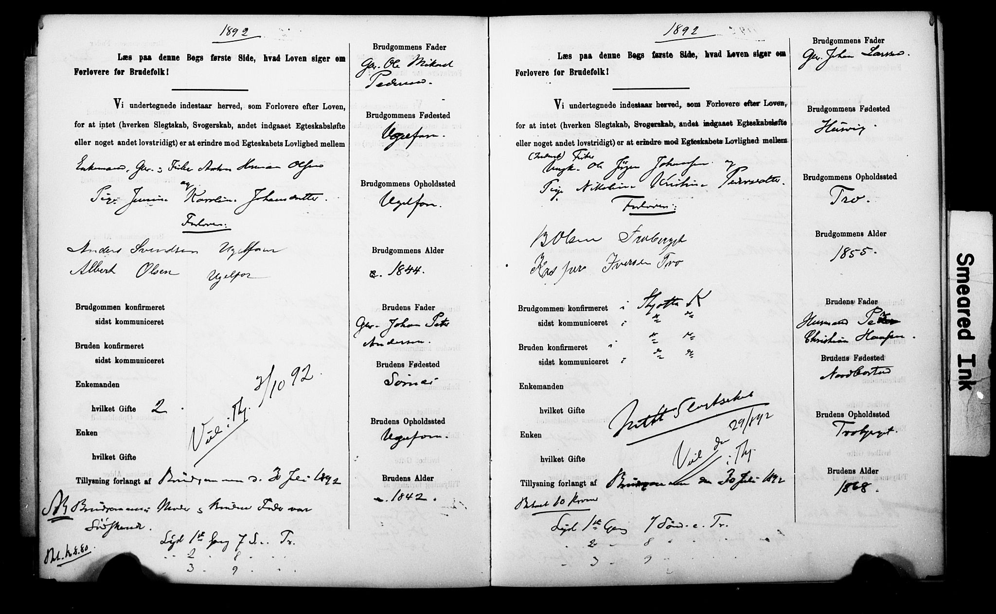 Uten arkivreferanse**, SAT/-: Banns register no. 1 /2 (Trøgstad), 1891-1895