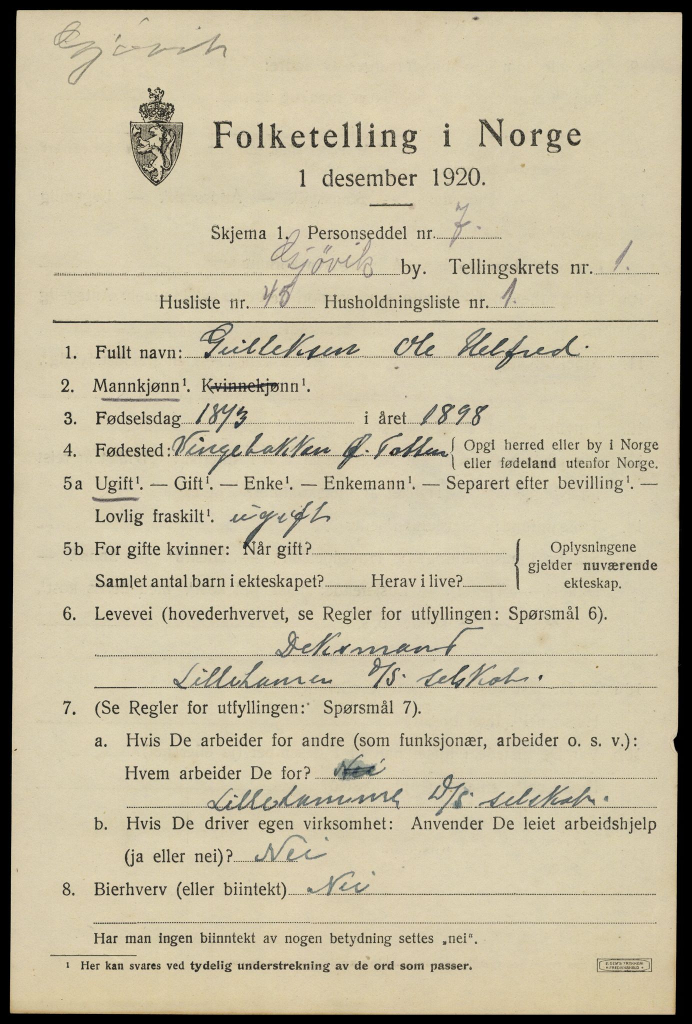 SAH, 1920 census for Gjøvik, 1920, p. 4382