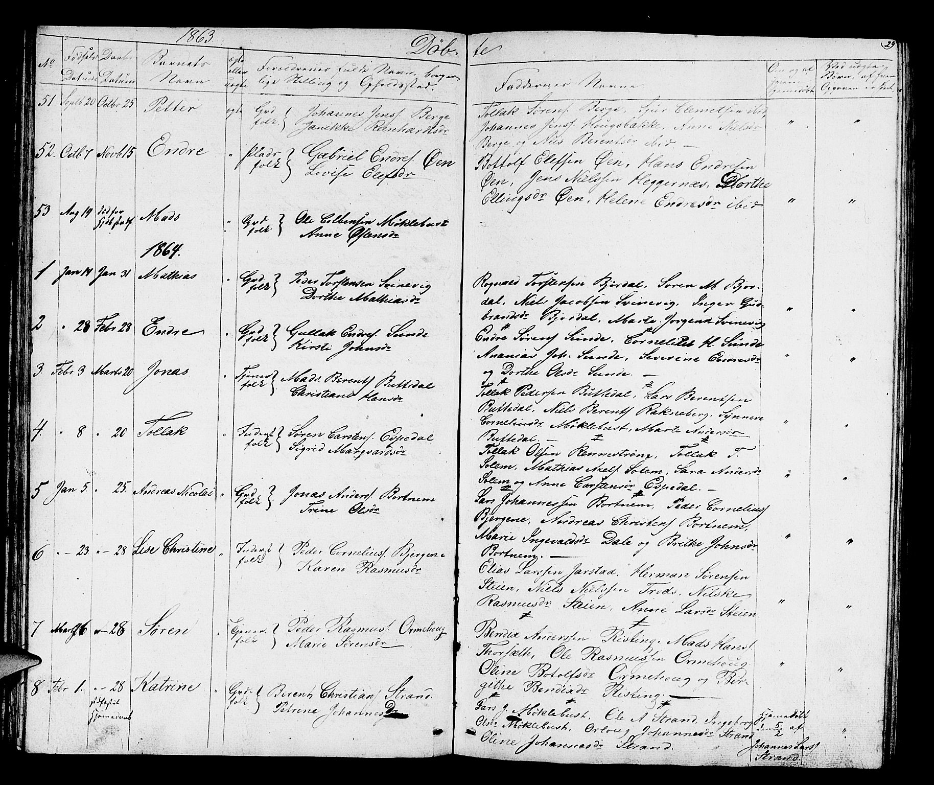 Fjaler sokneprestembete, AV/SAB-A-79801/H/Hab/Habc/L0001: Parish register (copy) no. C 1, 1852-1878, p. 29