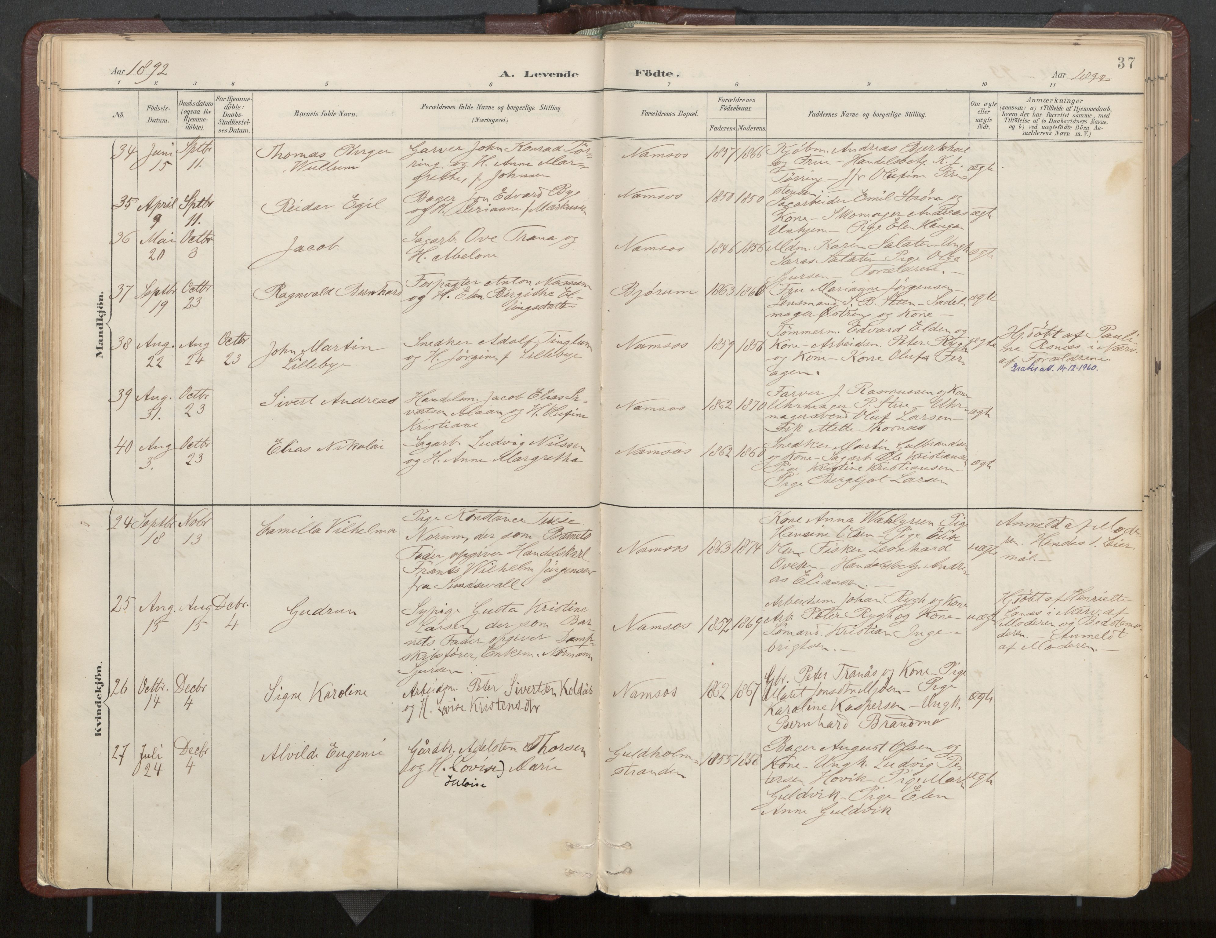 Ministerialprotokoller, klokkerbøker og fødselsregistre - Nord-Trøndelag, AV/SAT-A-1458/768/L0574: Parish register (official) no. 768A08, 1887-1927, p. 37