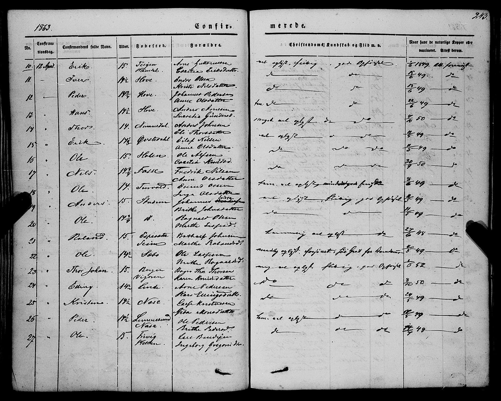 Vik sokneprestembete, SAB/A-81501: Parish register (official) no. A 8, 1846-1865, p. 243