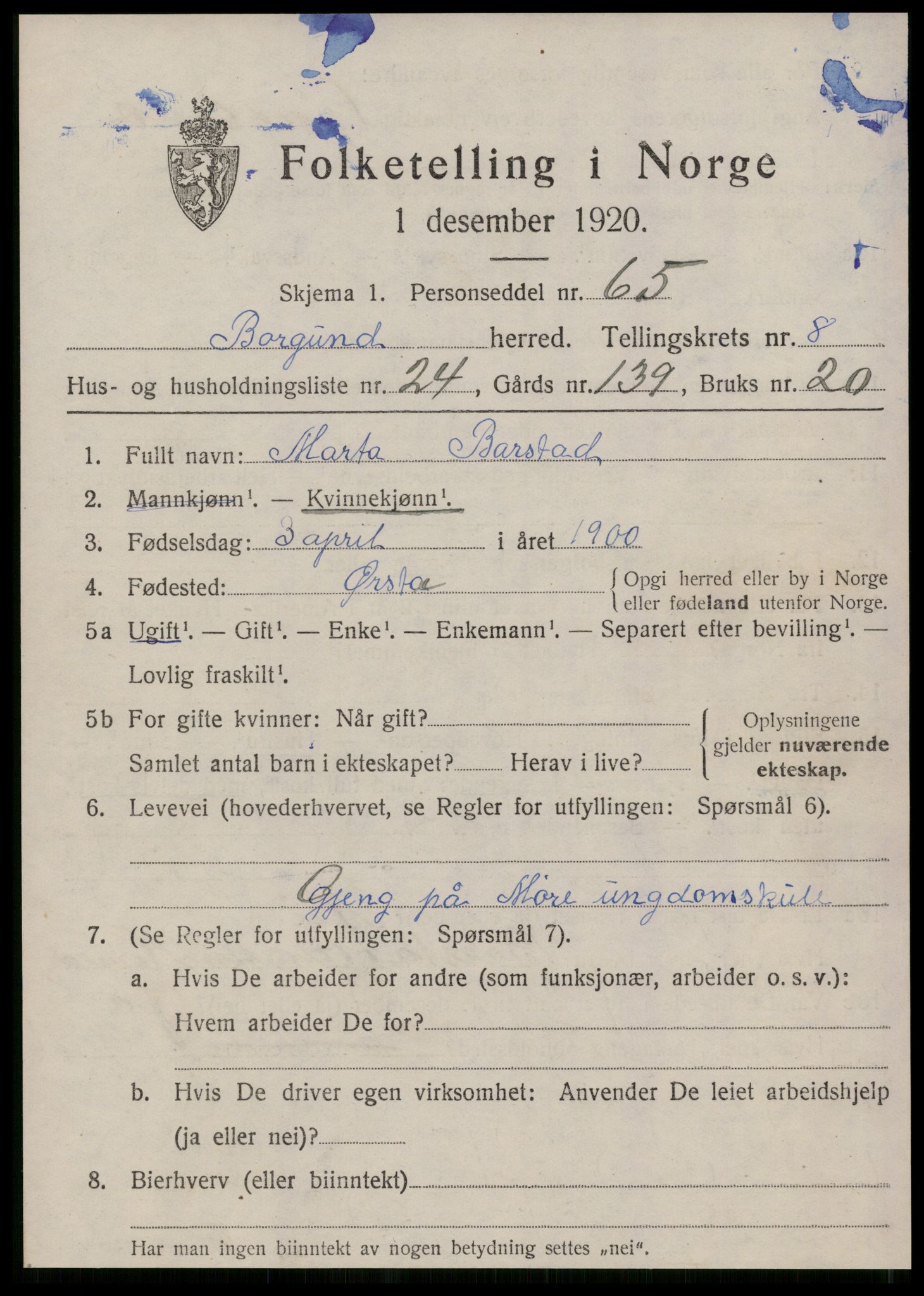 SAT, 1920 census for Borgund, 1920, p. 7792