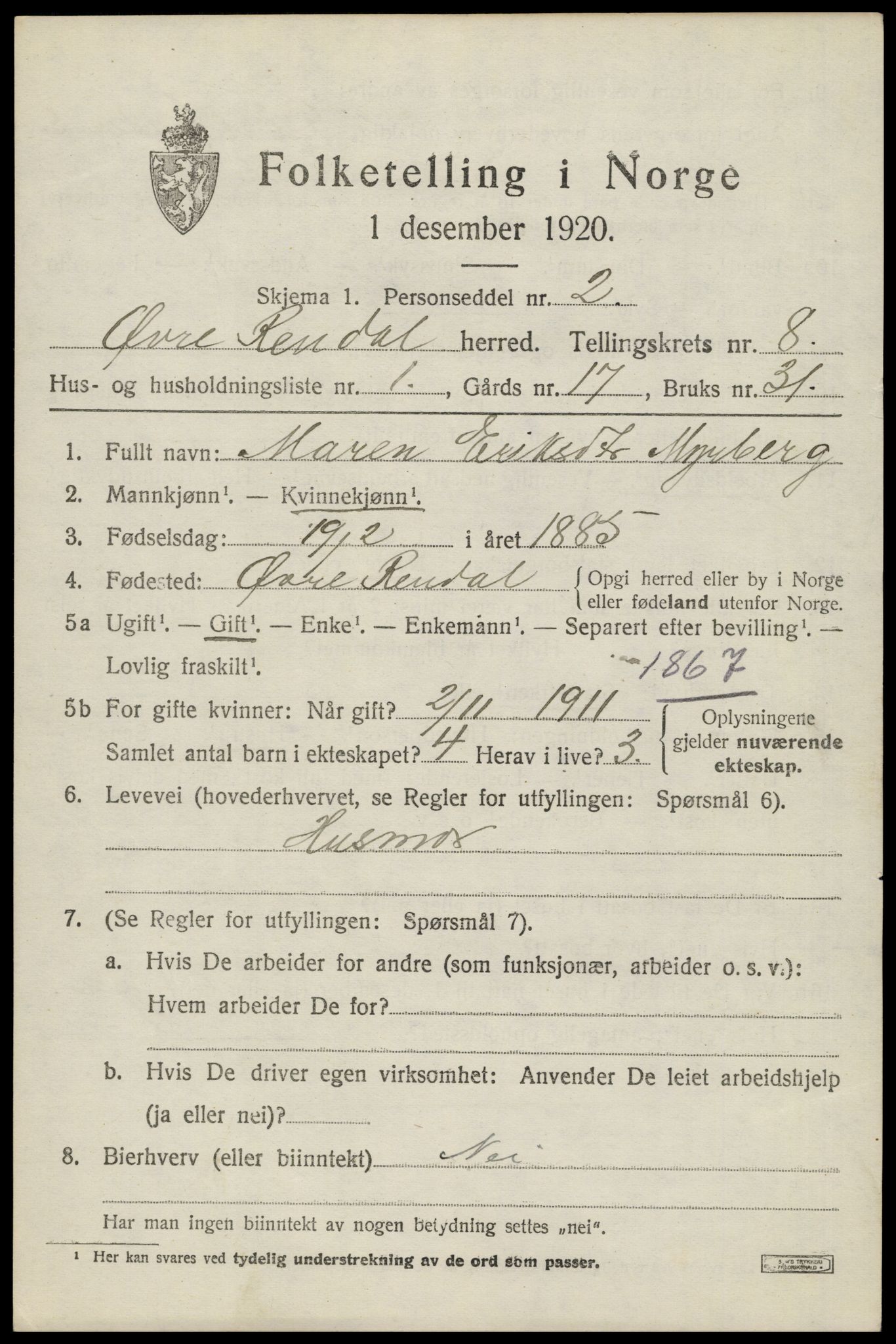 SAH, 1920 census for Øvre Rendal, 1920, p. 2833