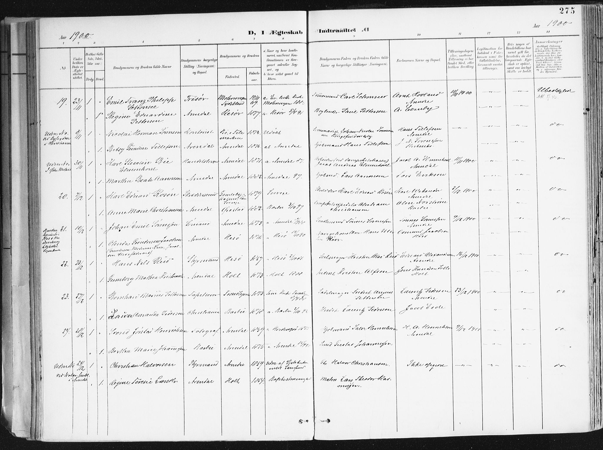 Arendal sokneprestkontor, Trefoldighet, AV/SAK-1111-0040/F/Fa/L0010: Parish register (official) no. A 10, 1900-1919, p. 275